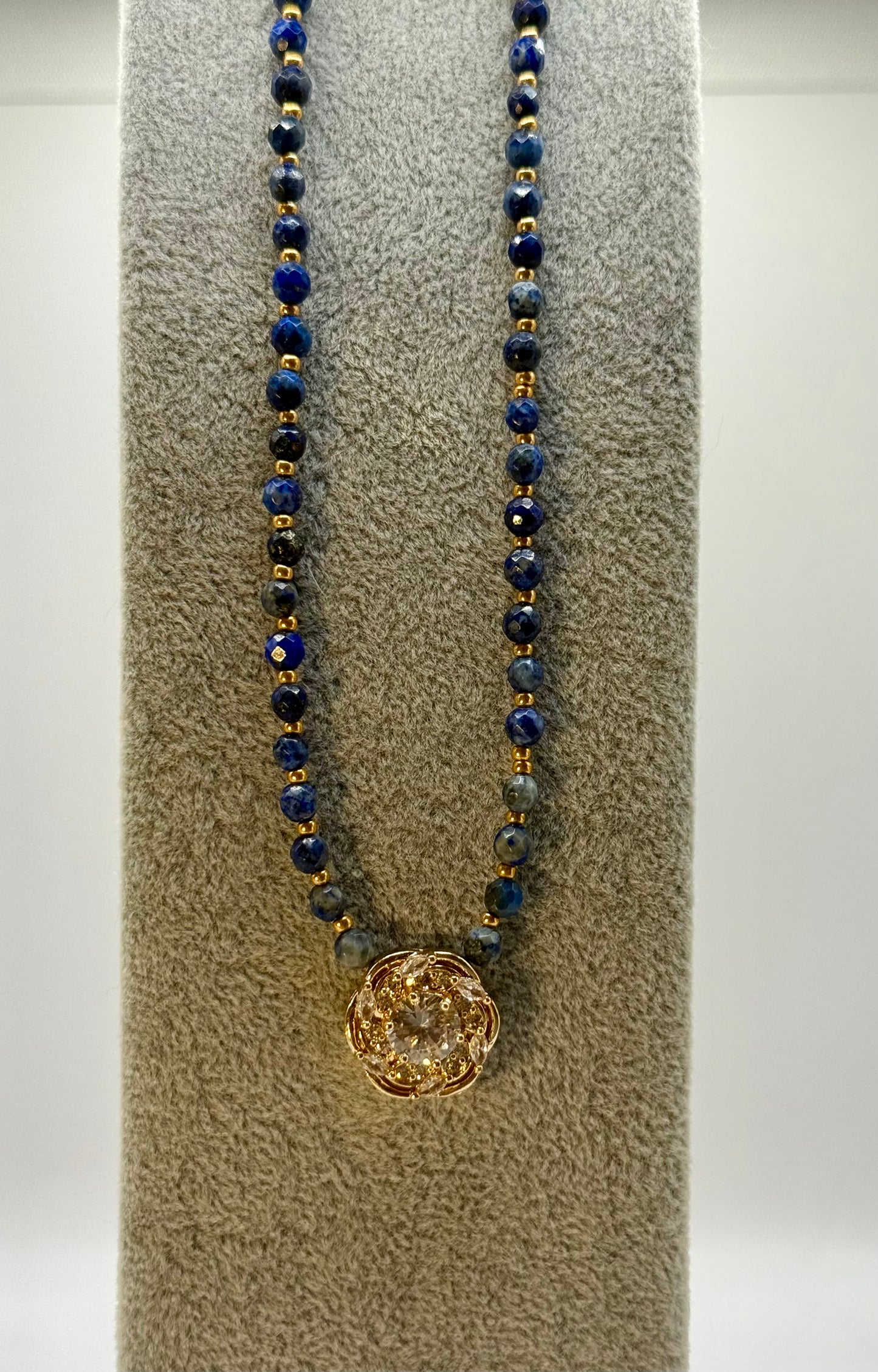 20” Lapis Lazuli Necklace with Gold Crystal Focal Pendant | Handmade Gemstone Jewelry | Elegant Blue Beaded Necklace for Women