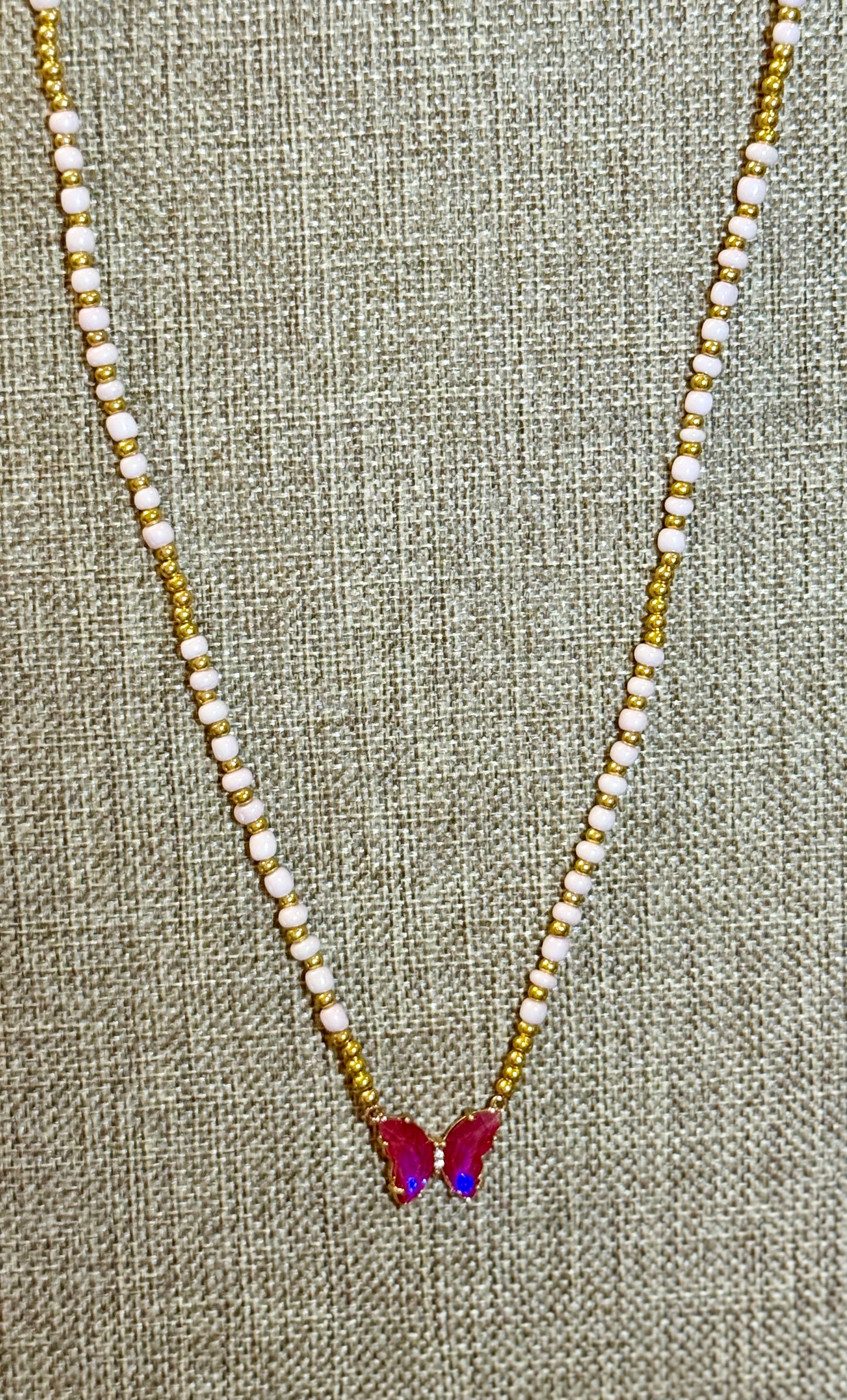 Gold and Pink Beaded Necklace with Bright Pink Butterfly Pendant – 20” Handmade Necklace Gift for Her