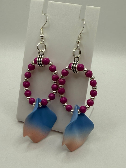 Blue & Pink Petal Drop Earrings – Handmade Beaded Hoops, Statement Dangle Earrings, Colorful Summer Jewelry