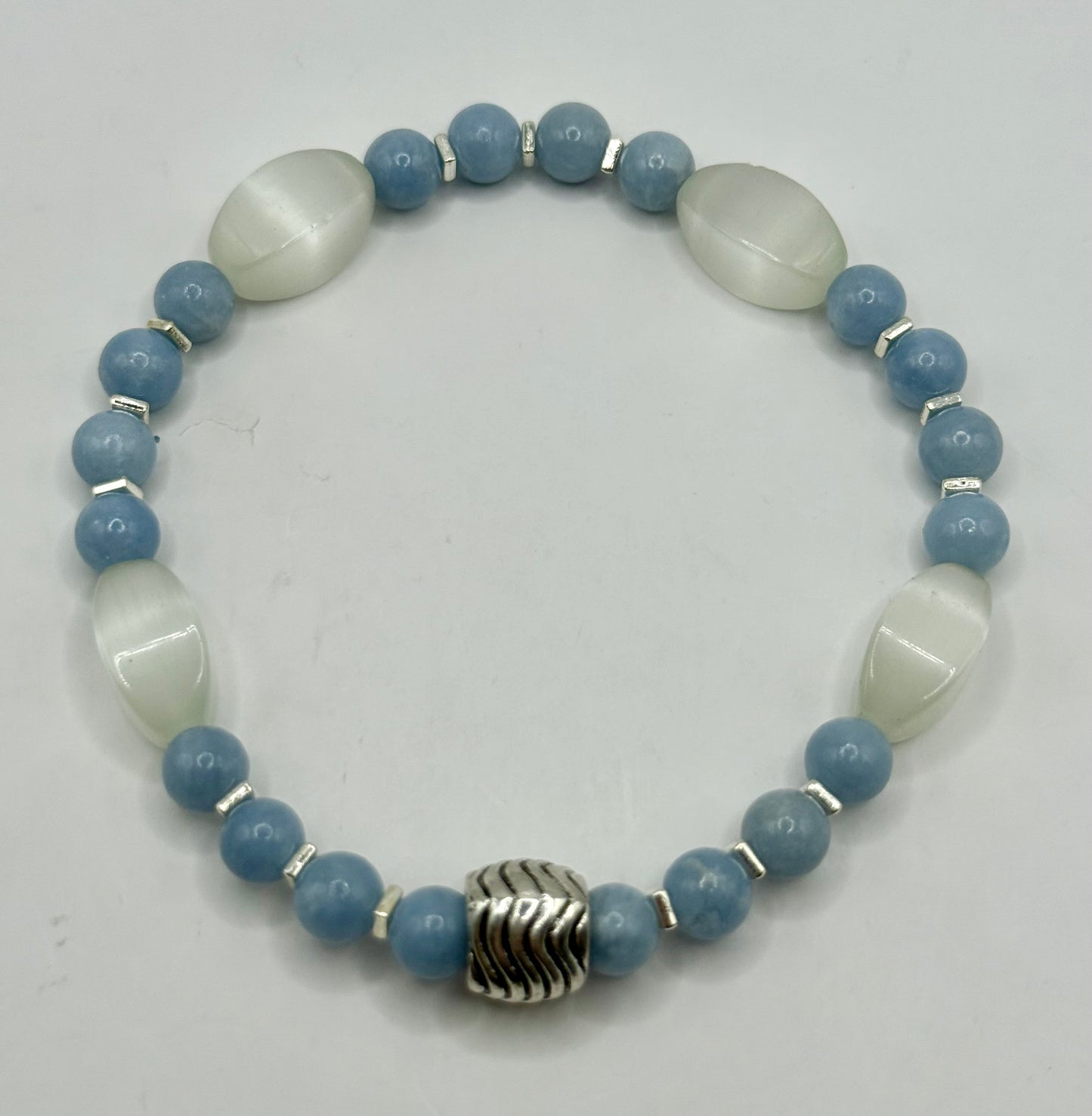 Angelite & Cat Eye Selenite Bracelet – 8” Stretch – Calming Blue & White Gemstone Jewelry – Healing Crystal Bracelet – Free Resizing