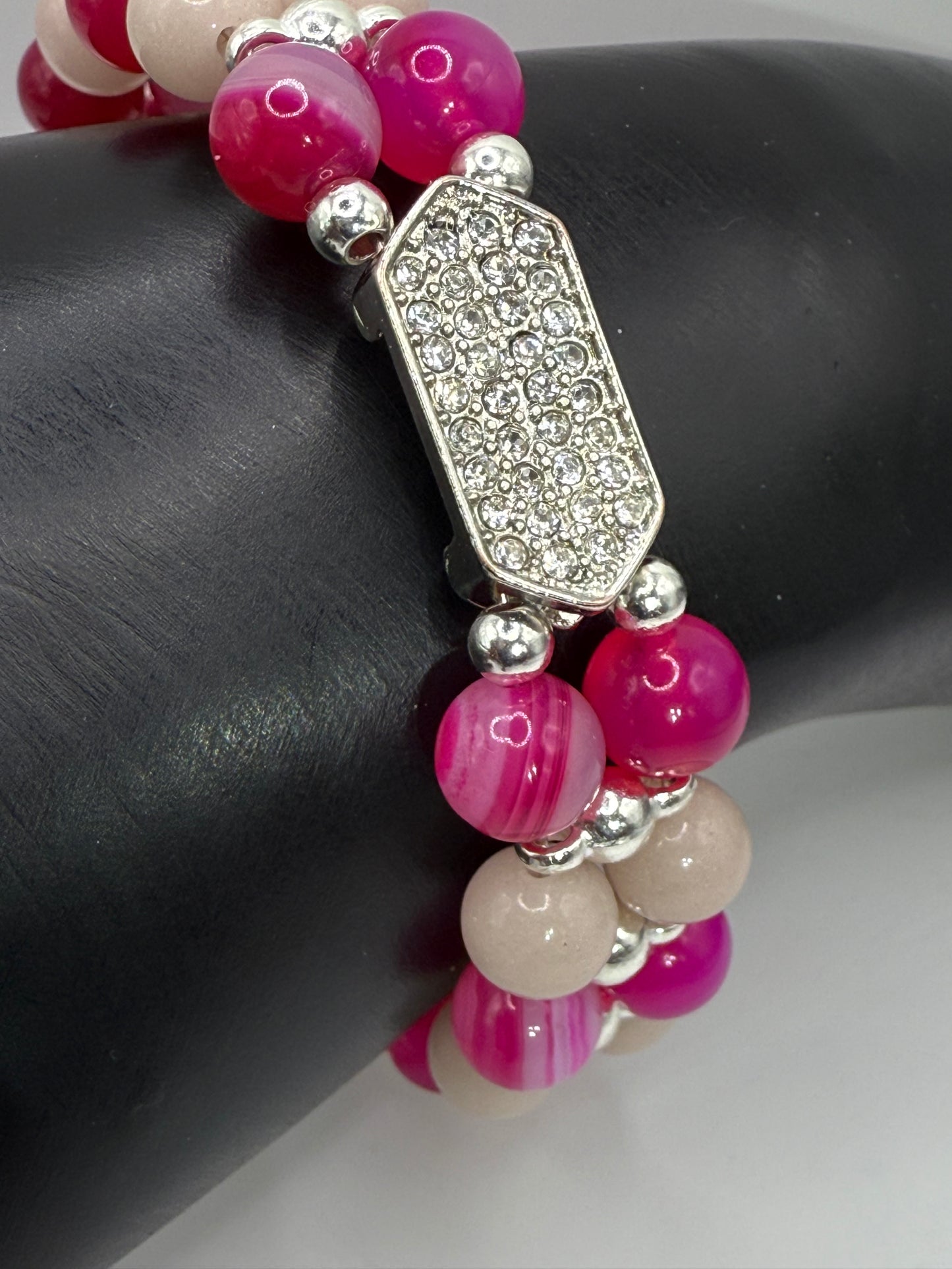 Banded Pink Agate & Luminous Stone Double Bracelet | 8” Adjustable Glow in the Dark Jewelry
