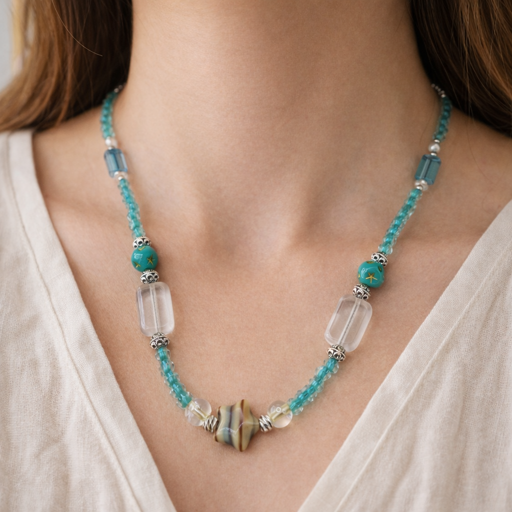 Handmade Glass Bead Necklace with Star Focal | 20” Turquoise Beaded Necklace | Coastal Boho Jewelry