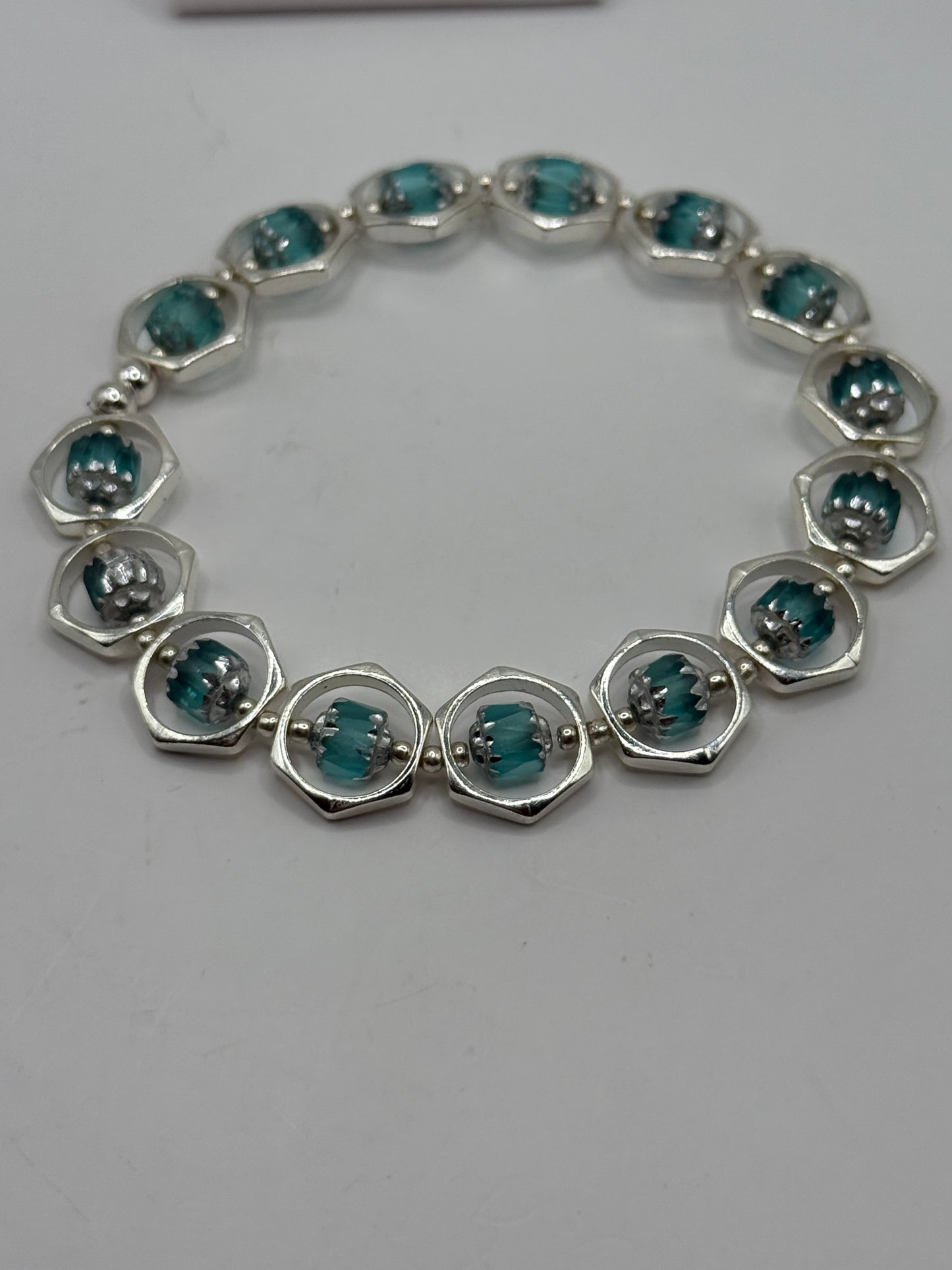 Teal Lantern Bead Bracelet and Earring Set | 7.75” Silver Framed Stretch Bracelet with Matching Earrings | Boho Chic Jewelry by LuckyCharm Boutique TX