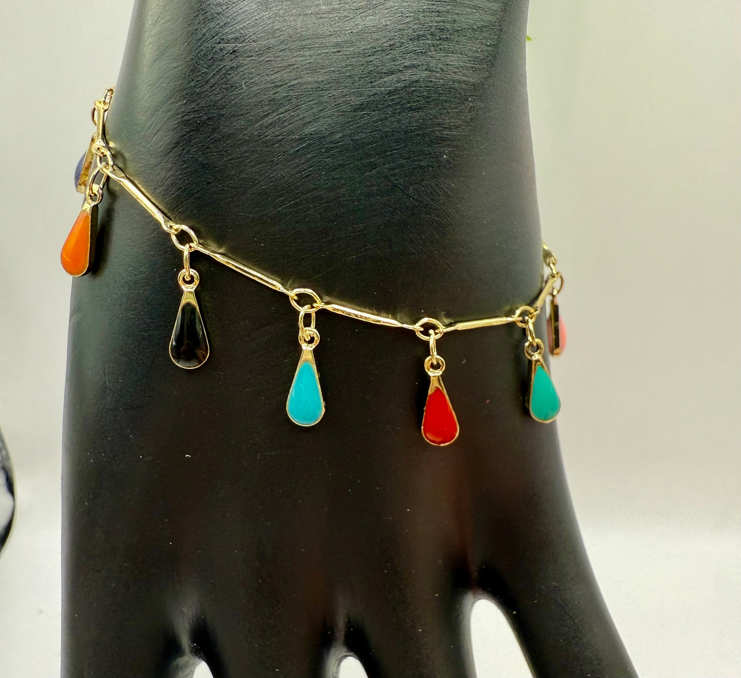 26” Multi-Color Teardrop Charm Necklace with Matching Earrings & Adjustable Bracelet – Gold Tone Boho Jewelry Set