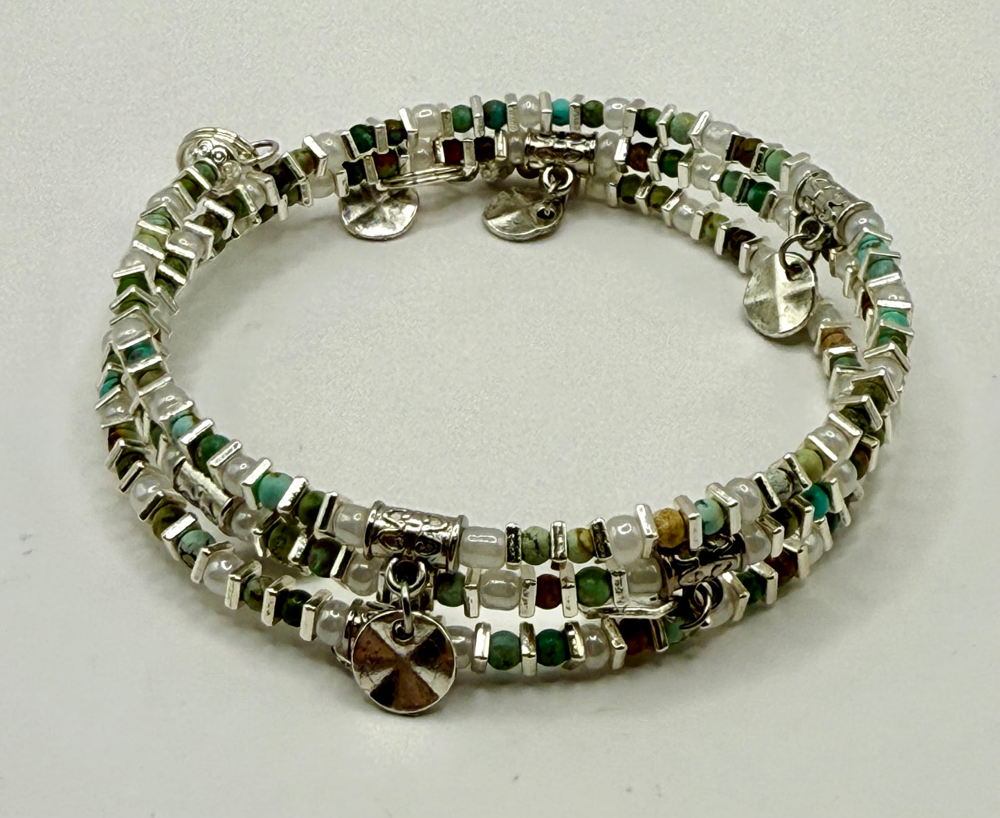 Glass Bead Wrap Bracelet with Silver Charms – Boho Layered Look, Handmade Jewelry Gift