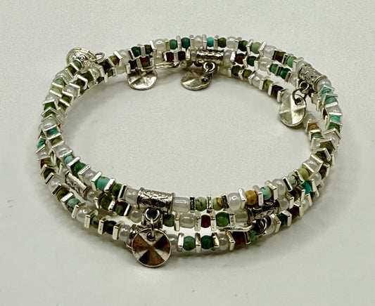 Glass Bead Wrap Bracelet with Silver Charms – Boho Layered Look, Handmade Jewelry Gift