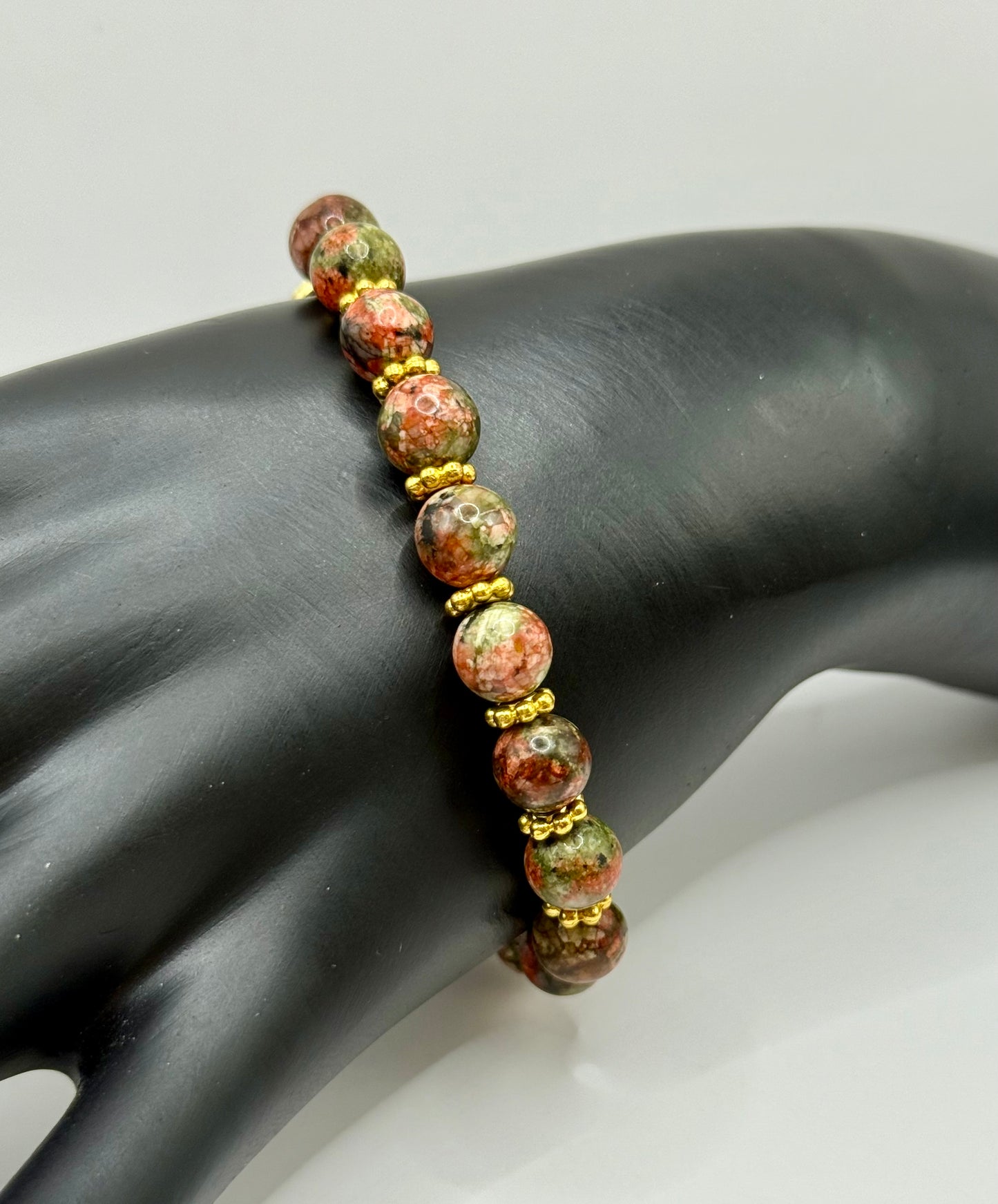 7.5” Unakite Gemstone Bracelet with Unique Snap Clasp | Handmade Boho Jewelry | Green & Pink Earthy Tones