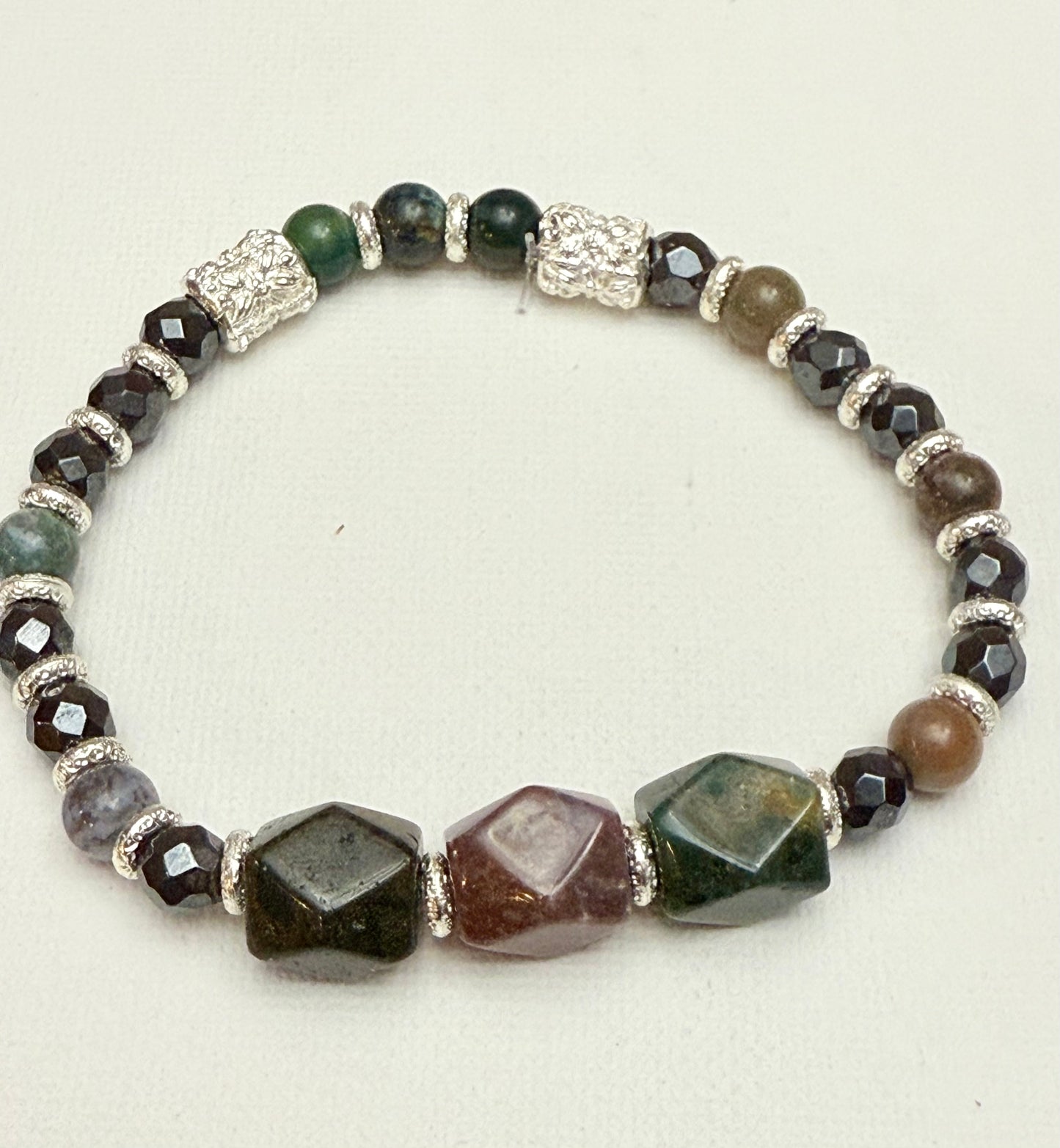 Ocean Jasper and Black Obsidian Bracelet 7.5"