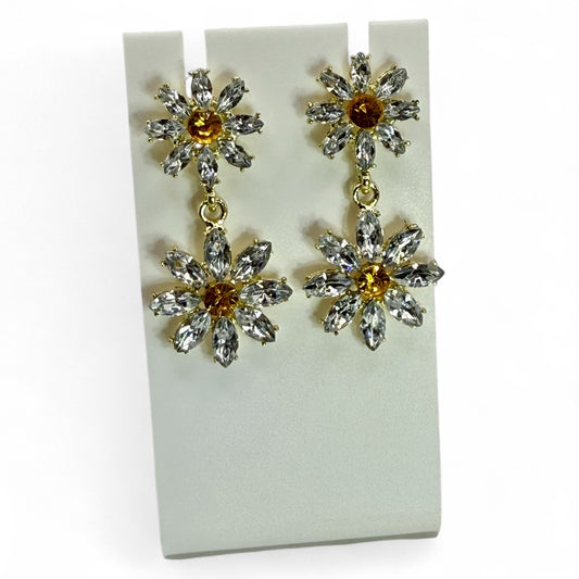 Crystal Daisy Drop Earrings – Yellow Center Flower Earrings, Sparkling Statement Jewelry