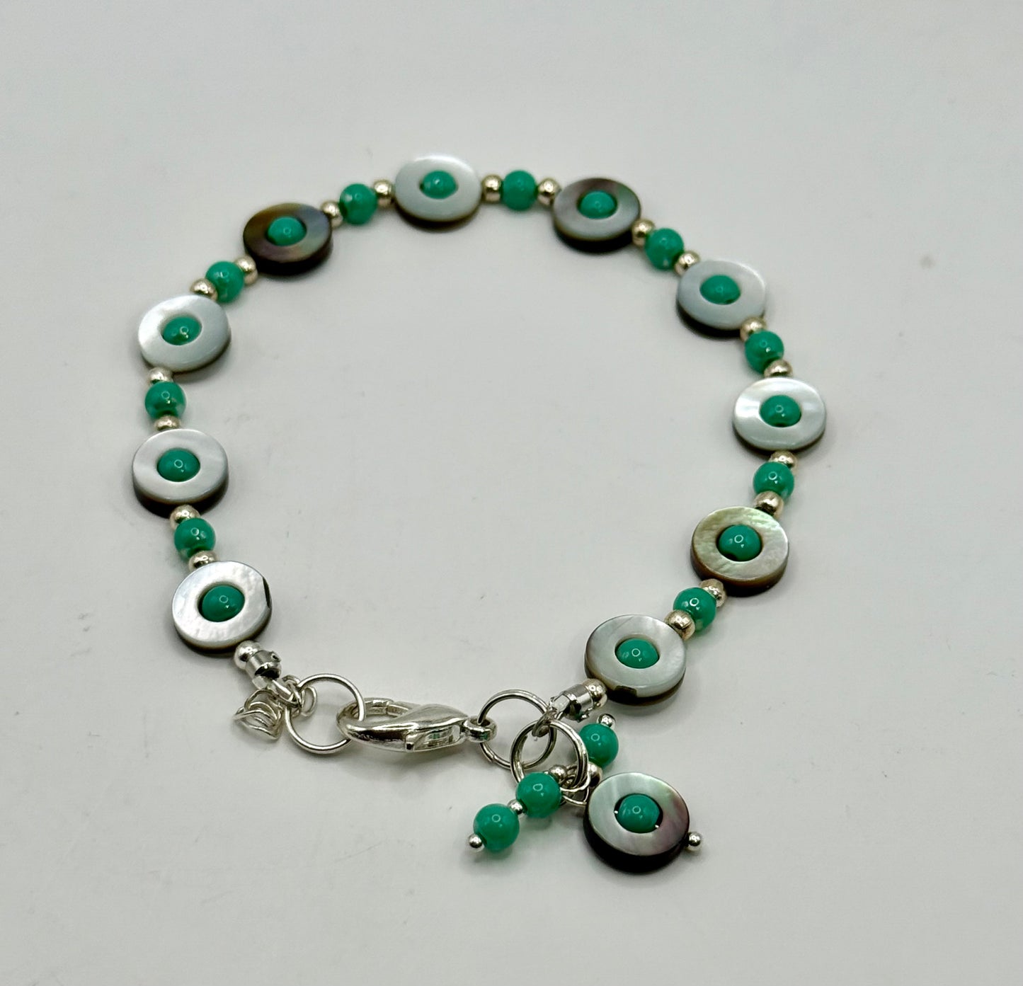 Teal Glass and Mother of Pearl Bracelet 8.25” | Ocean Style Boho Jewelry | Shell and Teal Beaded Bracelet | Gift for Her | Clasp Bracelet