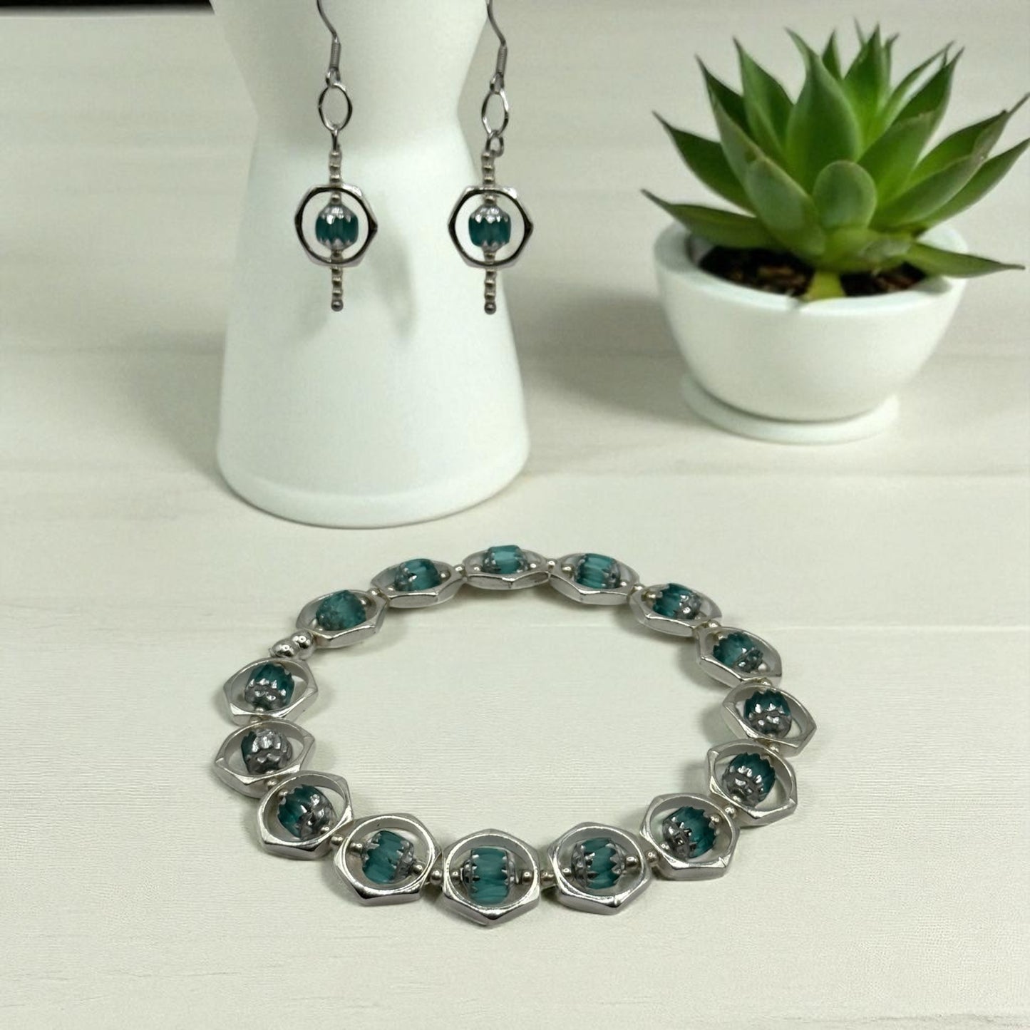 Teal Lantern Bead Bracelet and Earring Set | 7.75” Silver Framed Stretch Bracelet with Matching Earrings | Boho Chic Jewelry by LuckyCharm Boutique TX