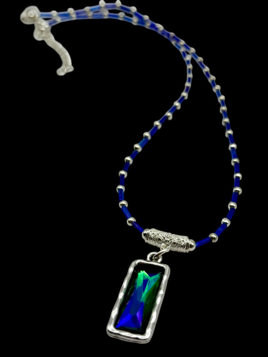 22” Blue Beaded Pendant Necklace with Green & Blue Rectangle Crystal | Handmade Boho Jewelry | Statement Necklace Gift for Her