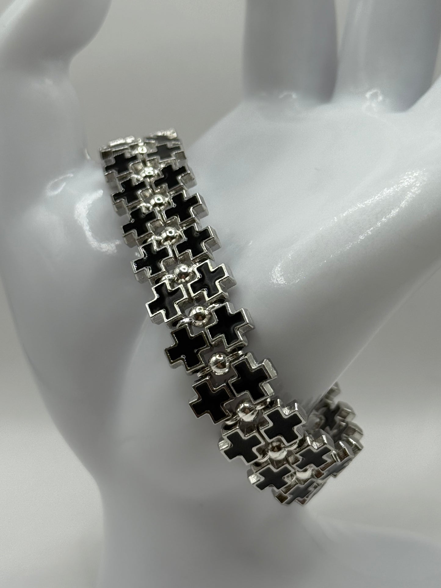 Bold Black Cross Link Bracelet – Adjustable 7.5” to 8”, Silver-Tone Double Row Design, Unique Statement Jewelry