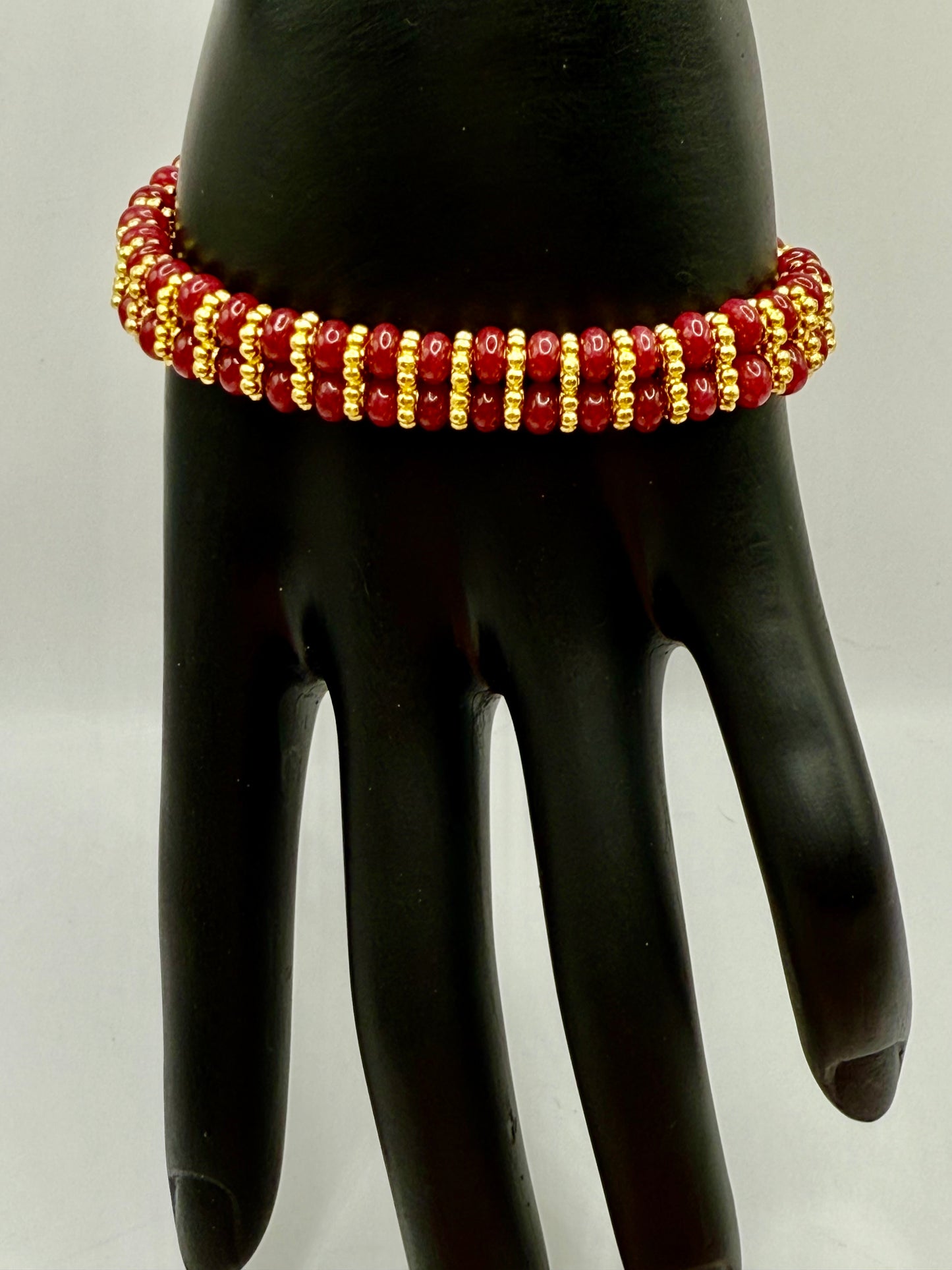 Cherry Quartz & Gold Beaded Bracelet – 7.75” Adjustable Clasp – Handmade Gemstone Jewelry – Free Resizing