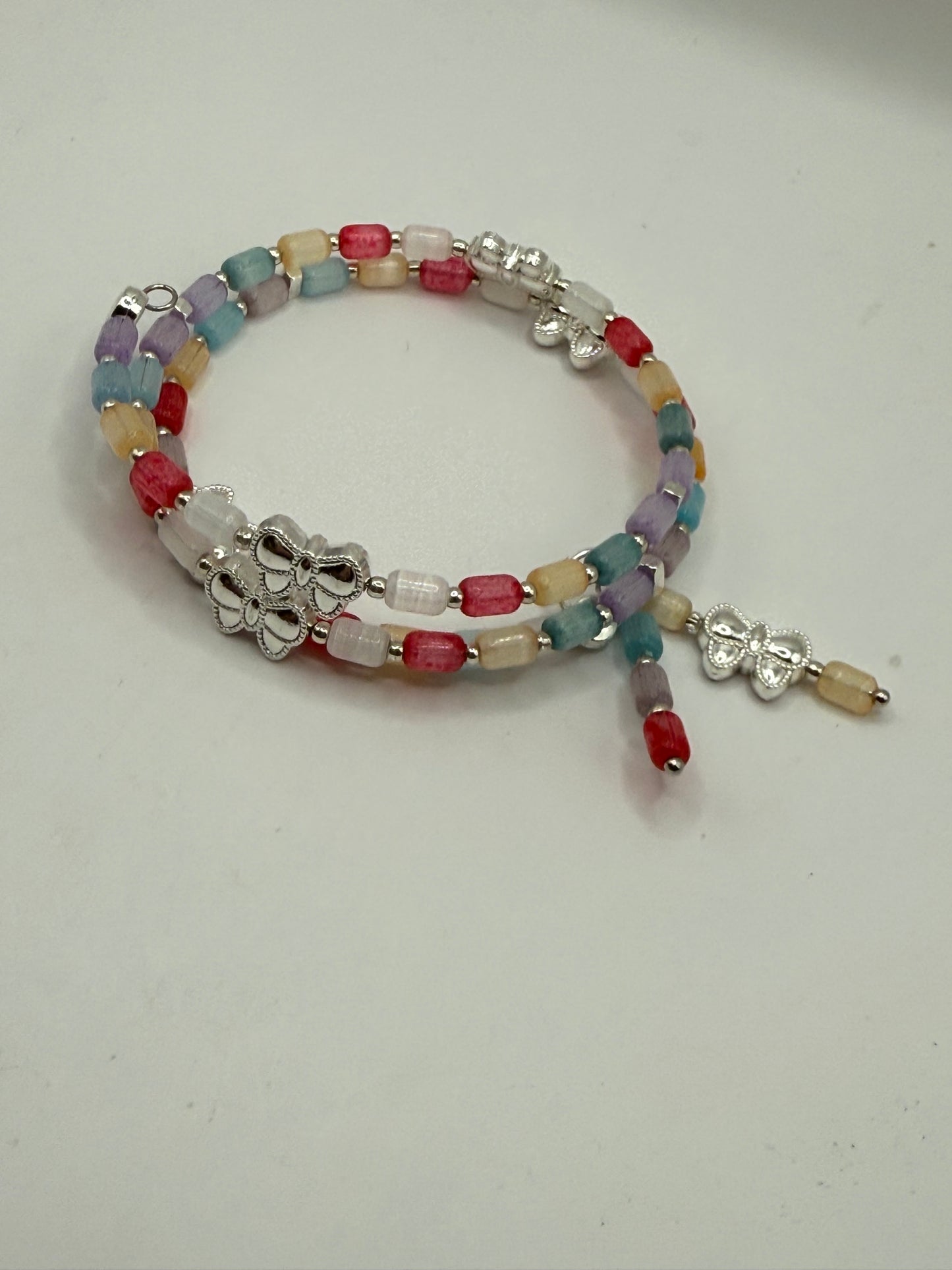 Colorful Cat Eye Beaded Wrap Bracelet with Silver Butterfly Charms | Adjustable Fit | Handmade Jewelry Gift