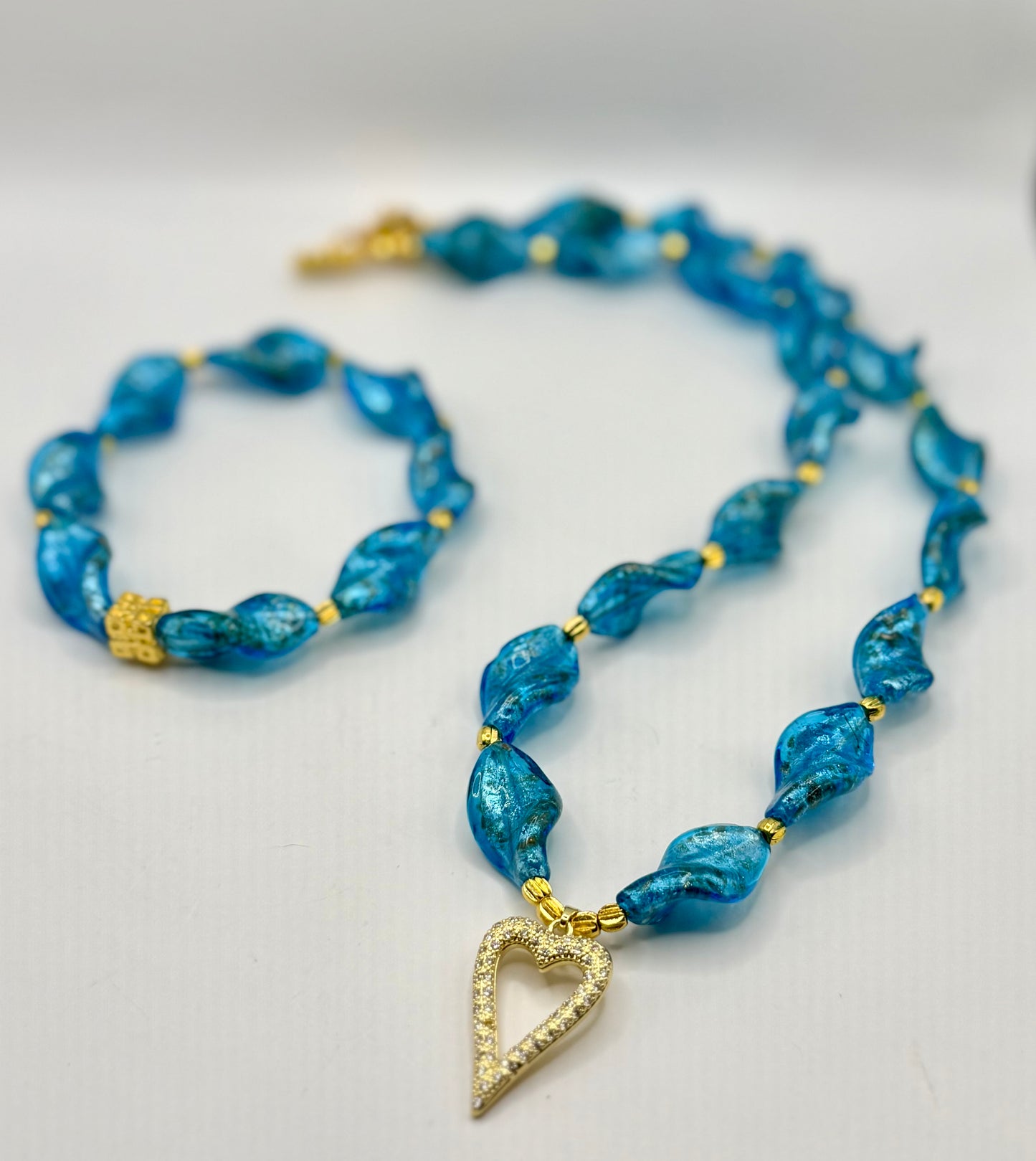 Blue Glass Beaded Necklace and Bracelet Set | 20 Inch Handmade Necklace | Elastic Bracelet | Gold Heart Charm Jewelry | Gift for Her