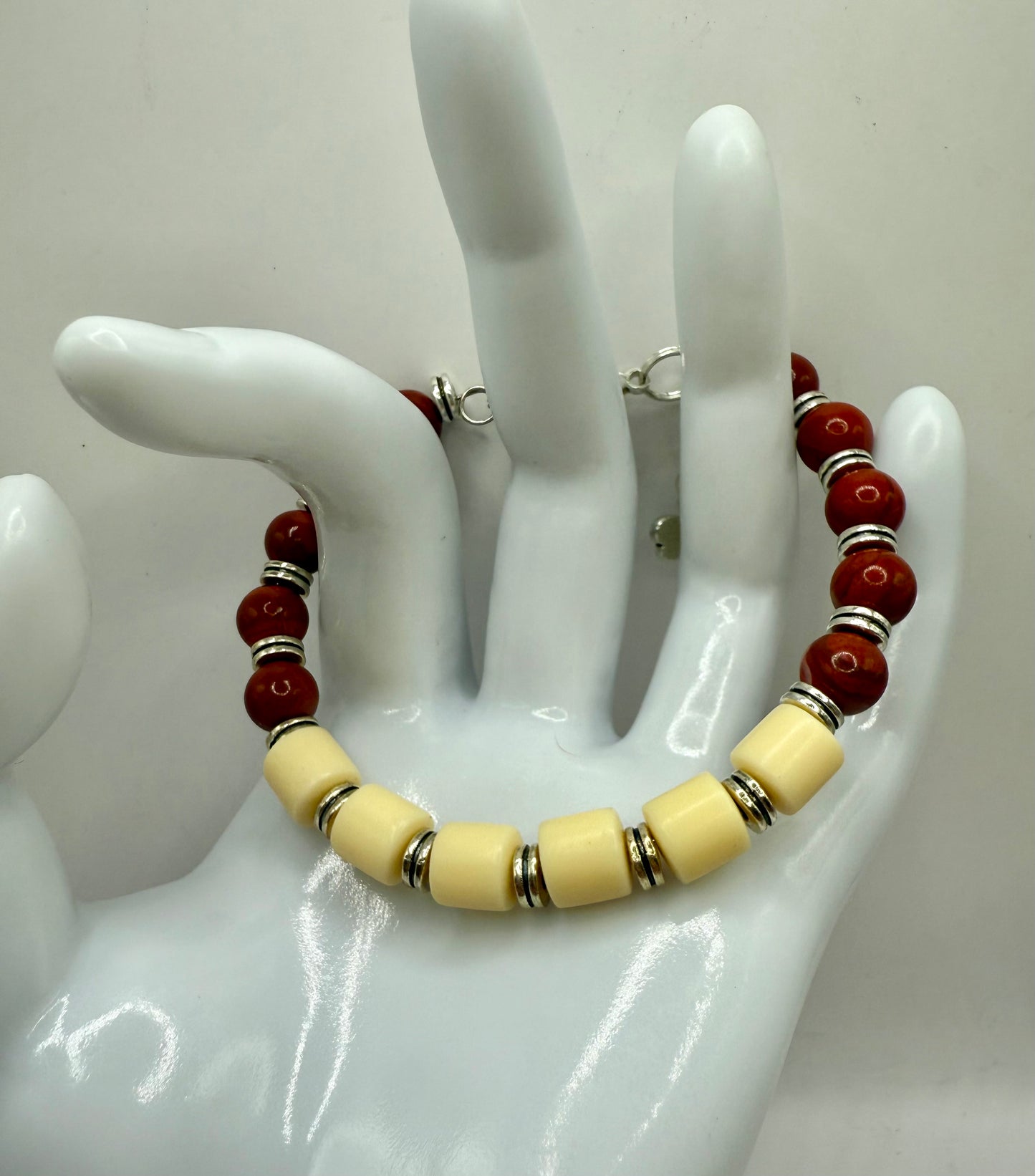 7.5” Red Jasper & Bodhi Bead Clasp Bracelet with Silver Dragonfly Charm | Grounding Gemstone Jewelry | Free Resizing