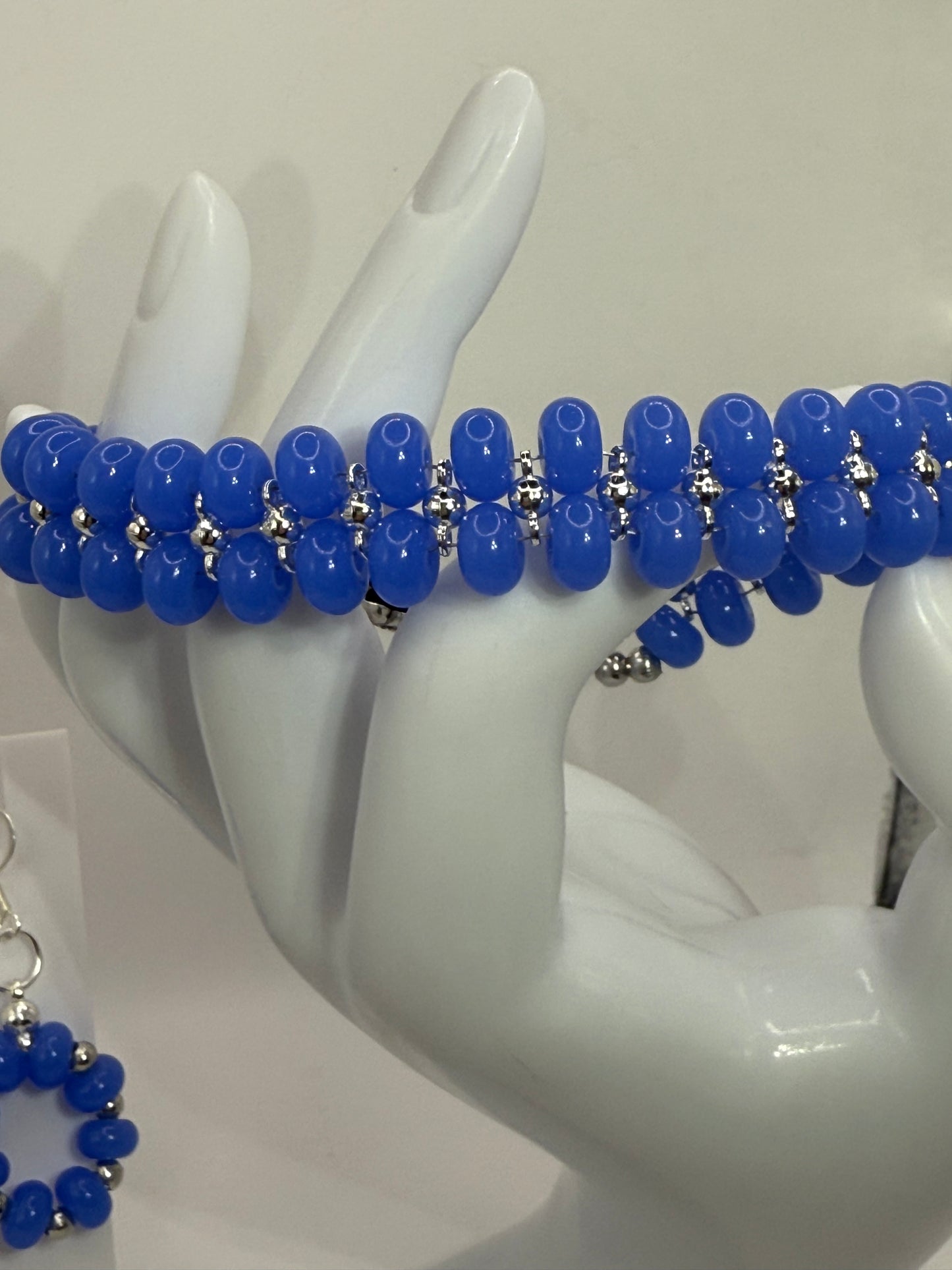 Double Strand Cornflower Blue Beaded Bracelet 7.75" with Iridescent Star Charm & Free Earrings – Handmade Jewelry Gift - Free Resizing Available