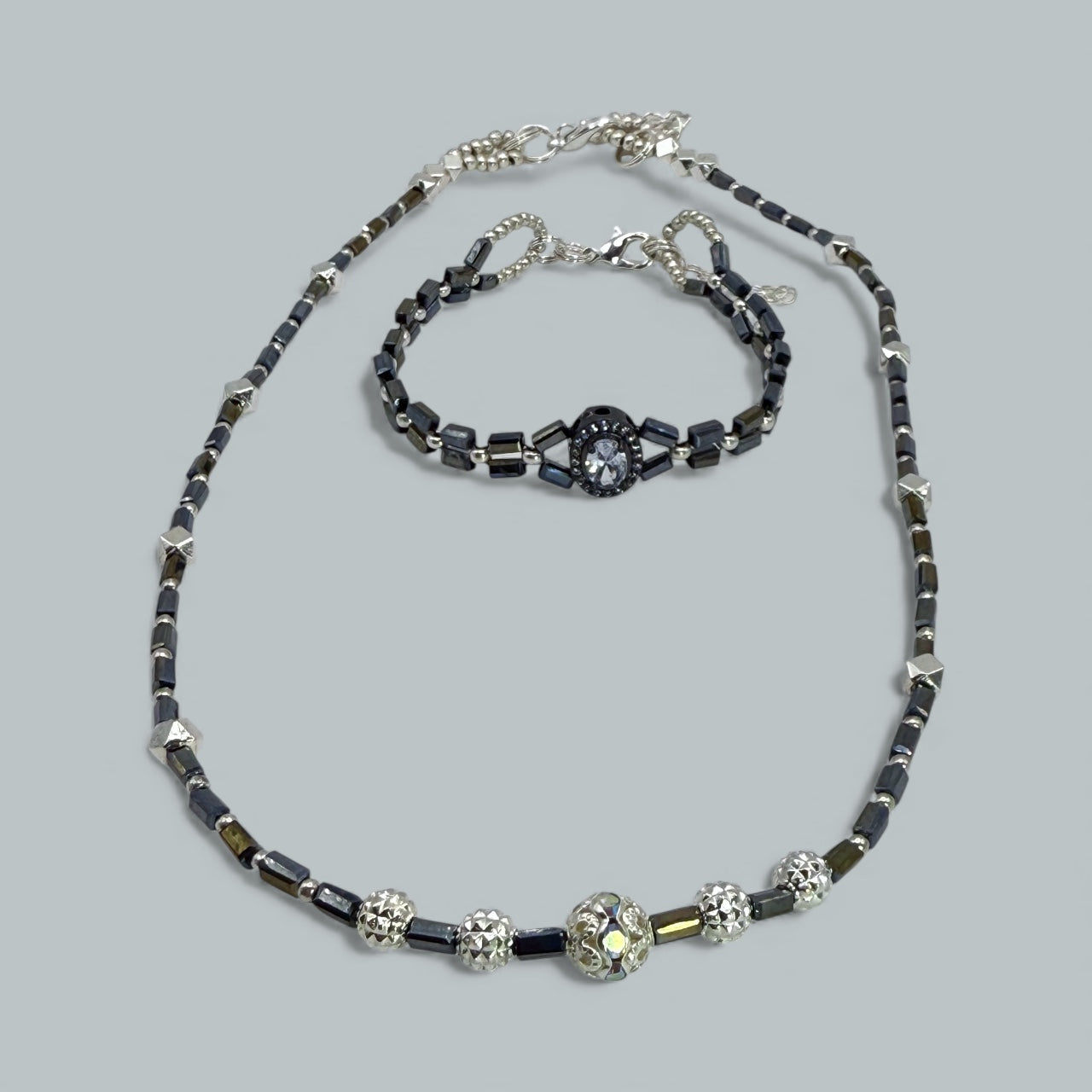 Hematite & Silver Glow Necklace/Bracelet Set – Handmade, Elegant, Unique (18” + 7.5”)