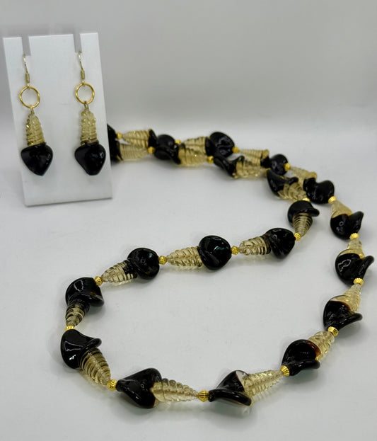 Timeless Black and Gold Necklace Set – 22” Elegant Statement Necklace with Matching Earrings, Handmade Beaded Jewelry, Gift for Her