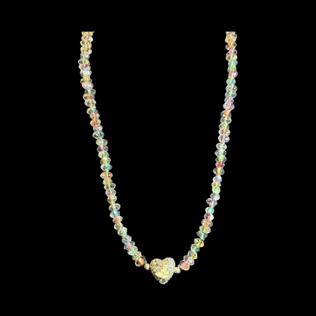 Pastel Glass Chip Necklace with Butterfly Heart Pendant – 22” Beaded Necklace + FREE Matching Bracelet