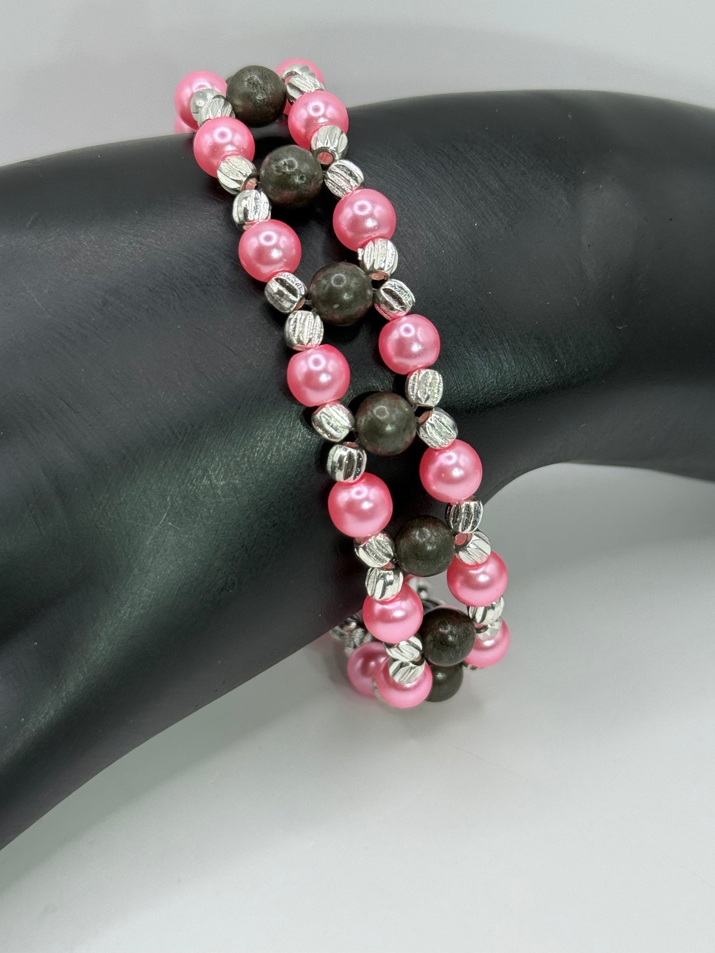 Pink Glass Pearl & Pyrite Double Strand Bracelet – 7.75” Clasp, Handmade Jewelry, Healing Energy, Gift for Her