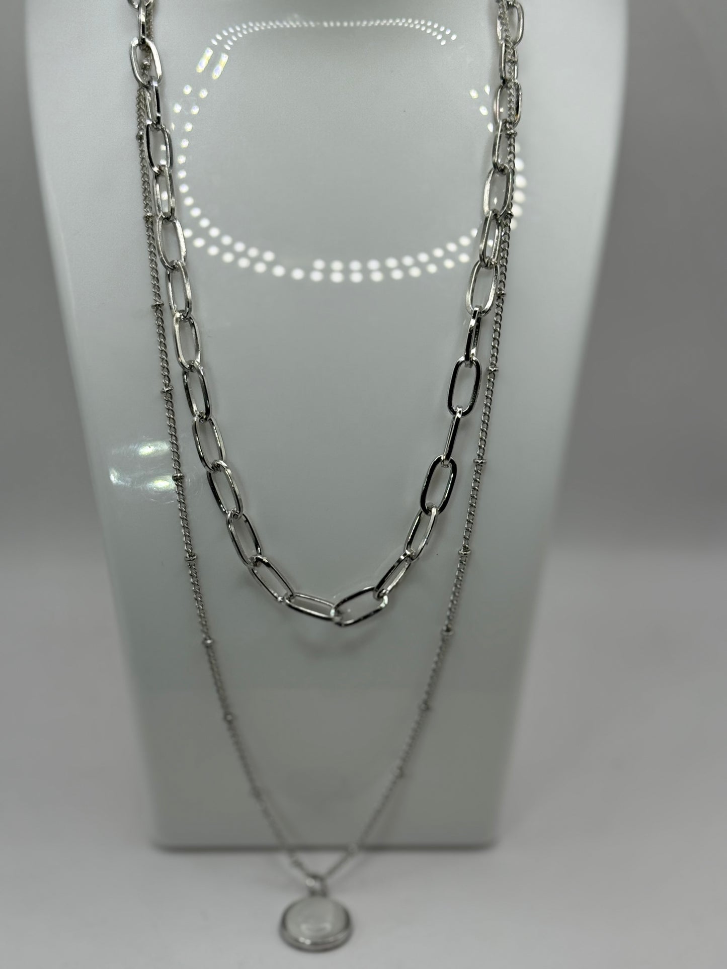Layered Silver Necklace Set – 18” & 22” Chains with Extenders, Iridescent Round Pendant