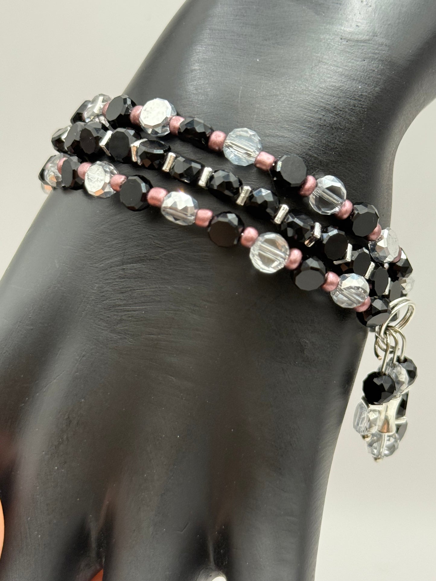 Elegant Black and Silver Beaded Wrap Bracelet – Crystal Glass Memory Wire Bracelet with Matching Charm – Handmade Jewelry