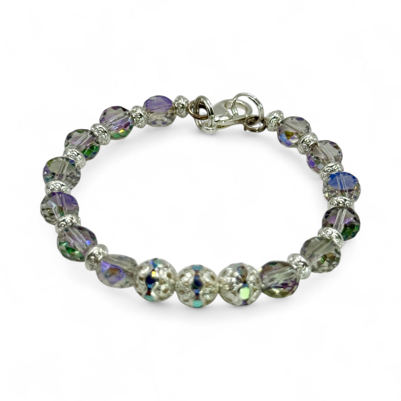 Iridescent Crystal Glass Bead Bracelet with Silver Accents | 7.5” Clasp | Handmade Jewelry Gift