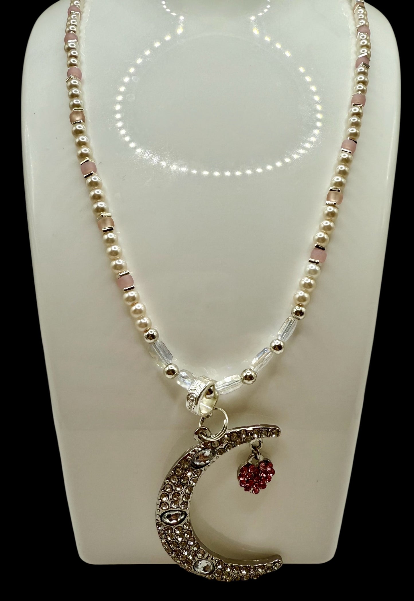 26” Celestial Moon and Heart Pendant Necklace | Beaded Pearl & Crystal | Handmade Moon Jewelry | Starry Sky Aesthetic