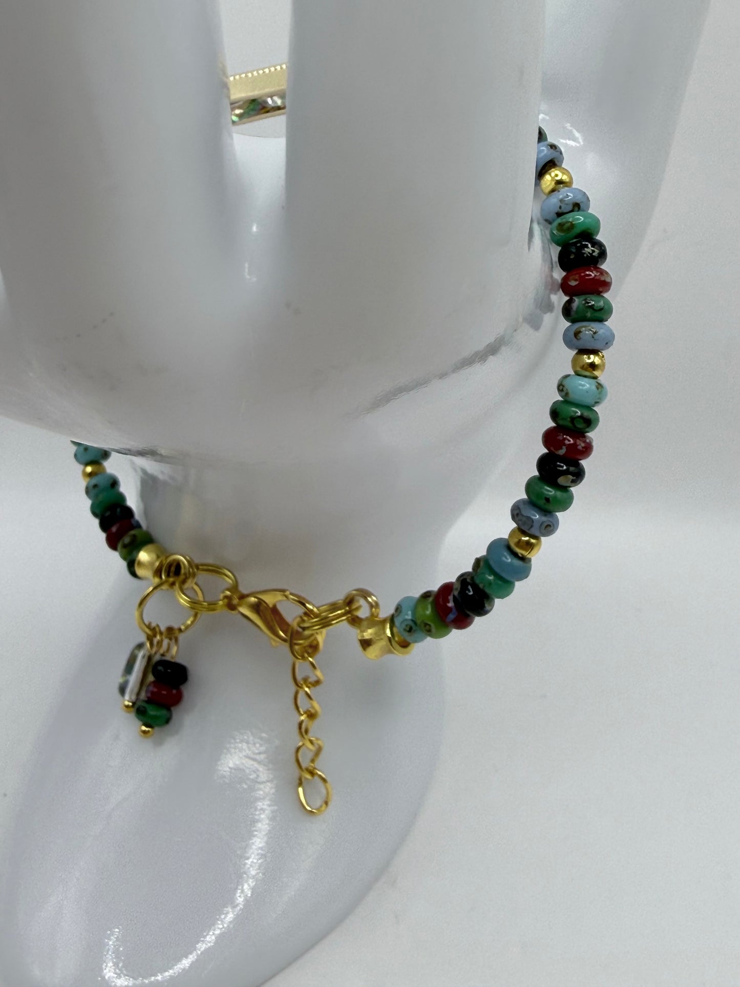 Picasso Glass Donut Bead Bracelet 7.5–8 Inch, Gold Bar Bracelet with AB Faceted Glass, Boho Adjustable Bracelet