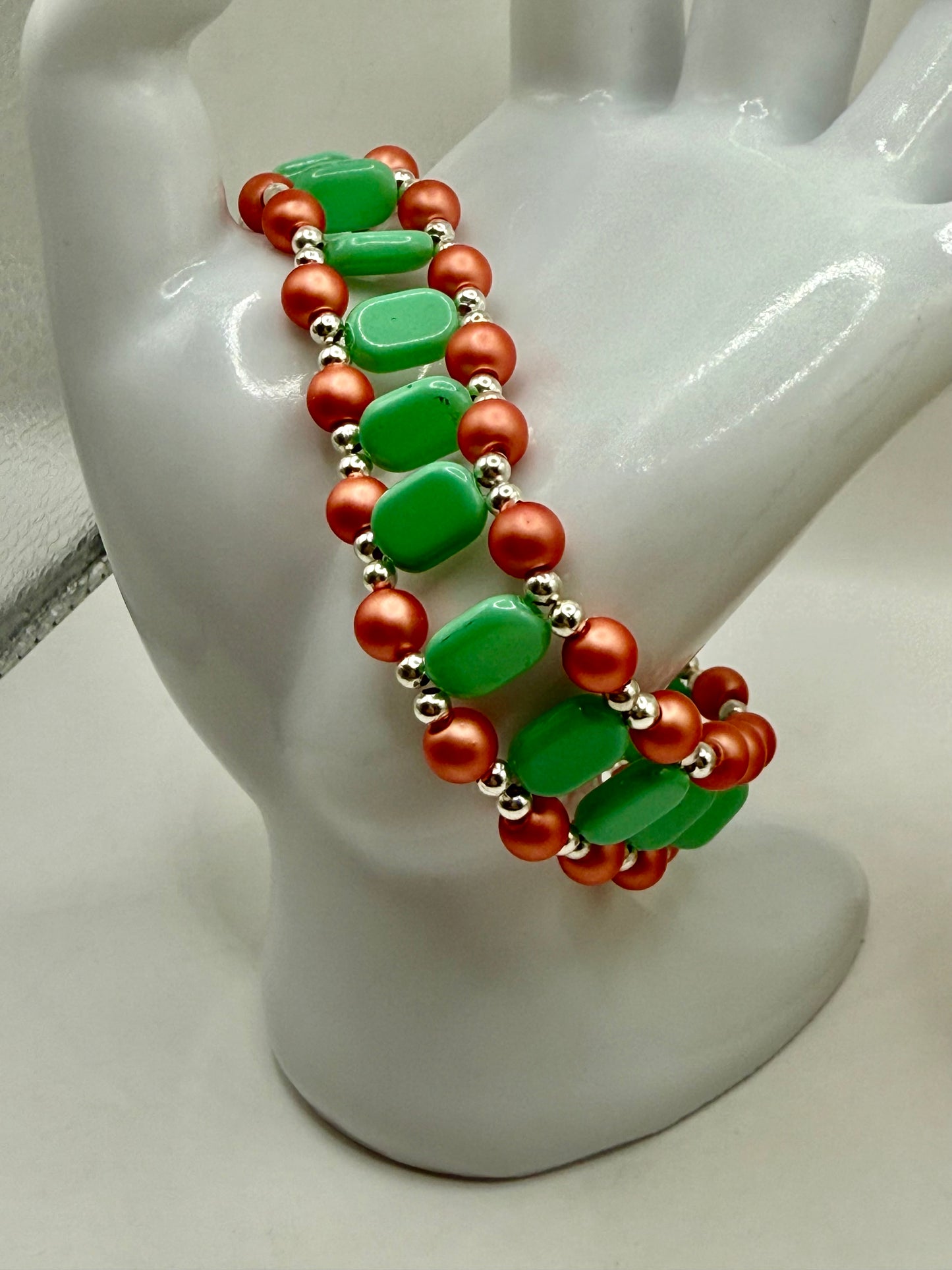 Double Strand Bracelet with Green and Coral Beads | 7.5”-7.75” Clasp Bracelet | Handmade Jewelry Gift for Her