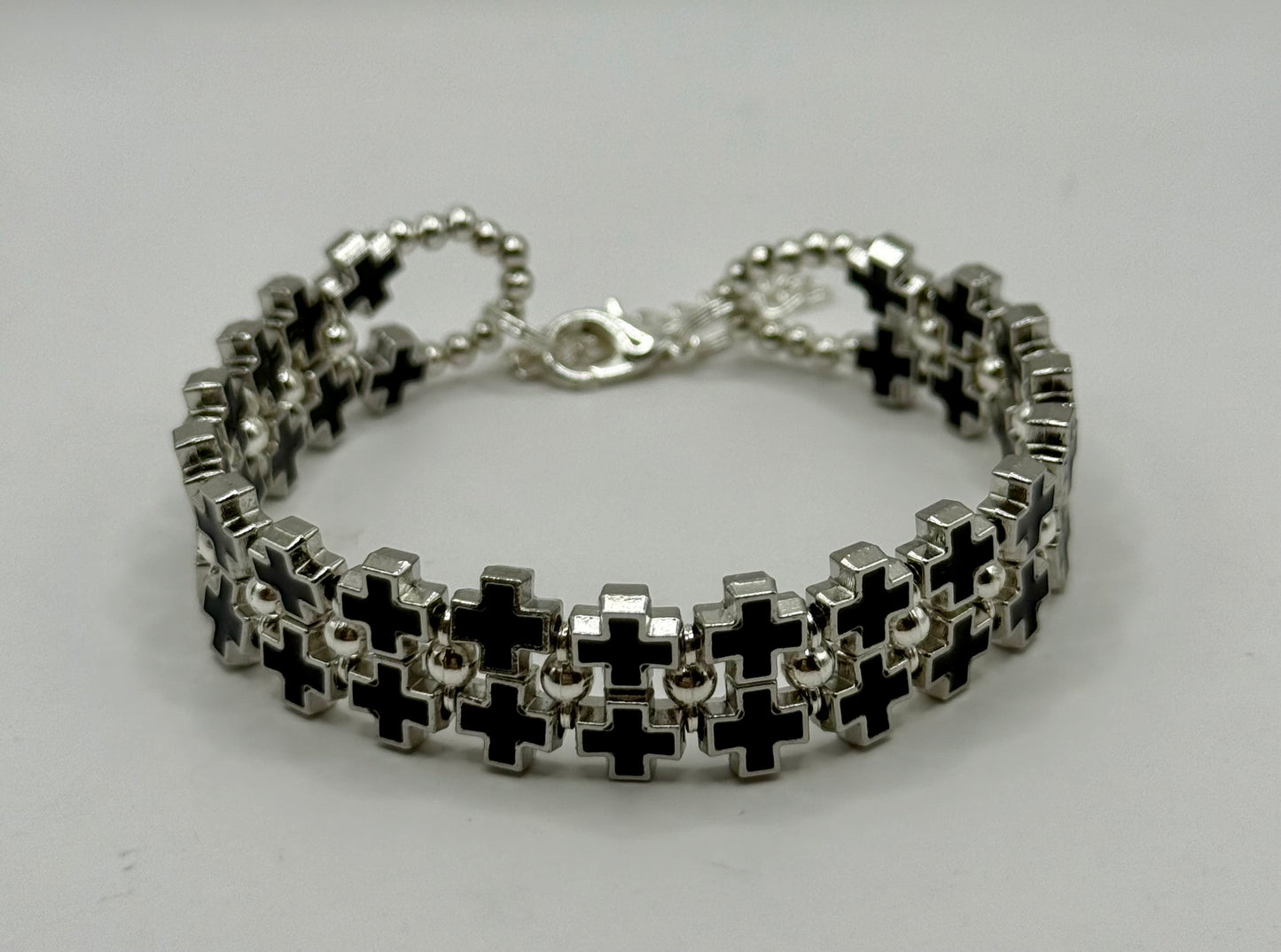 Bold Black Cross Link Bracelet – Adjustable 7.5” to 8”, Silver-Tone Double Row Design, Unique Statement Jewelry
