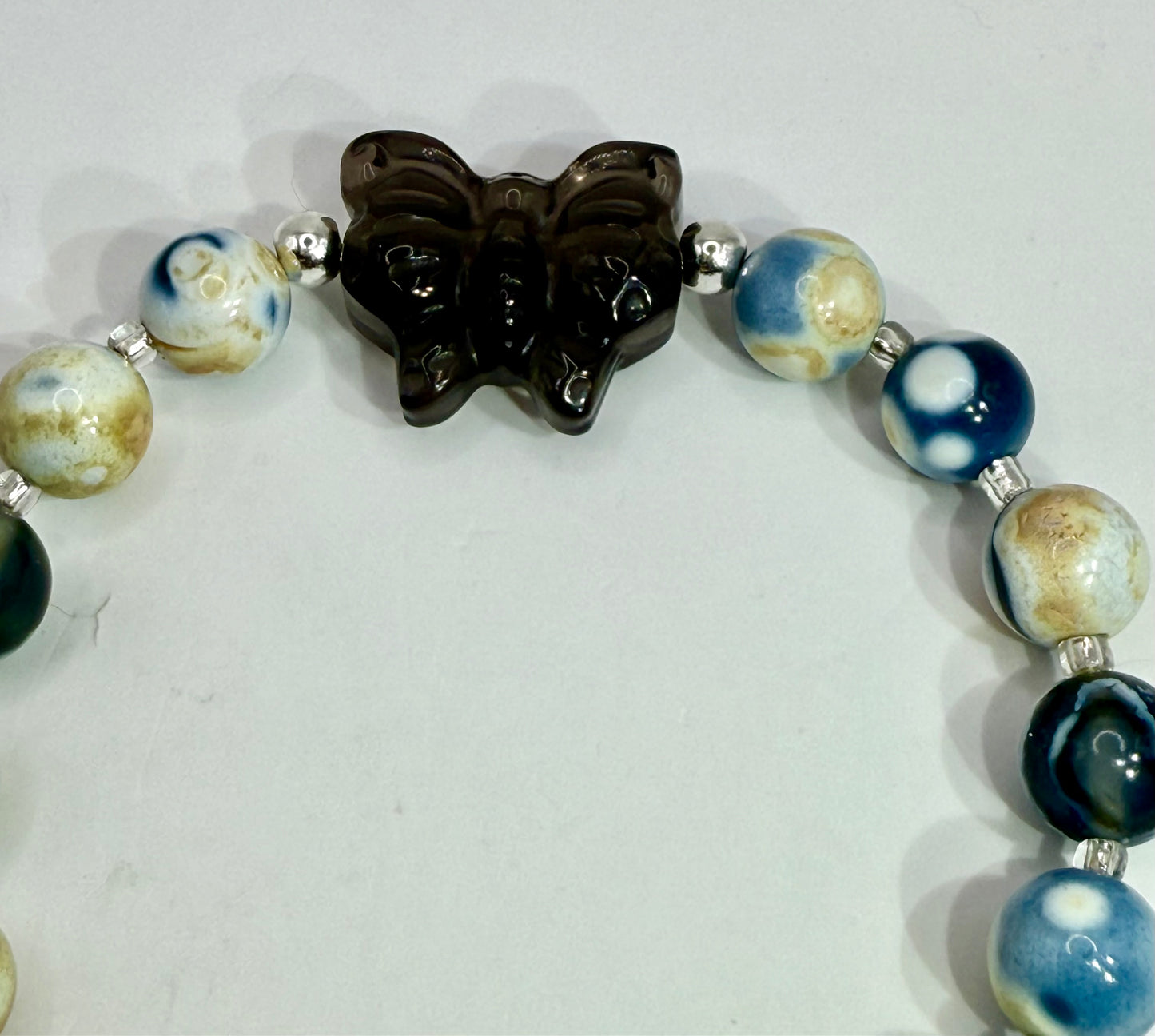 Orca Agate Bracelet with Smoky Quartz Butterfly Focal – 7” Clasp – Natural Gemstone Jewelry