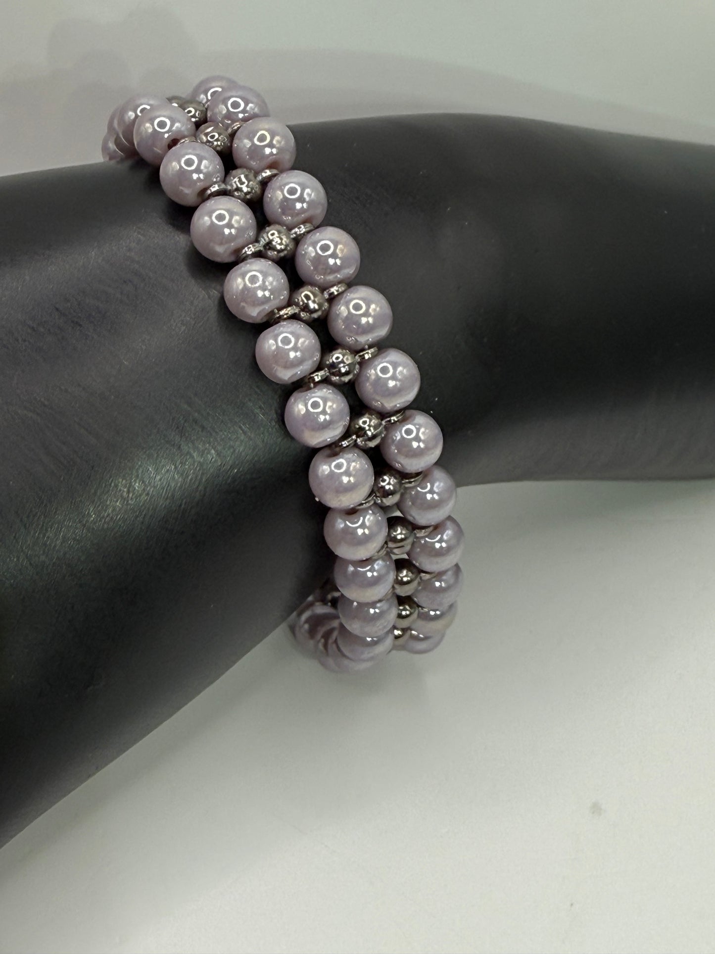 Purple Glass Bead Bracelet | Double Band 7.5” Clasp | Handmade Beaded Jewelry