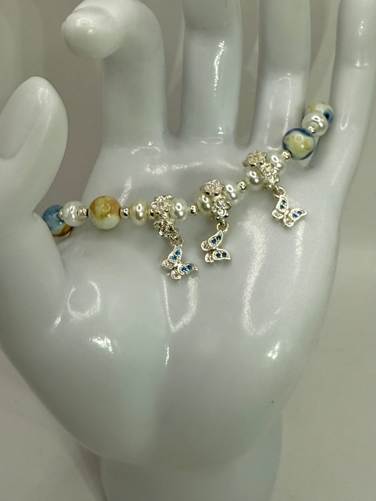 Handmade Orca Agate Stretch Bracelet with Butterfly Charms | 8” Adjustable