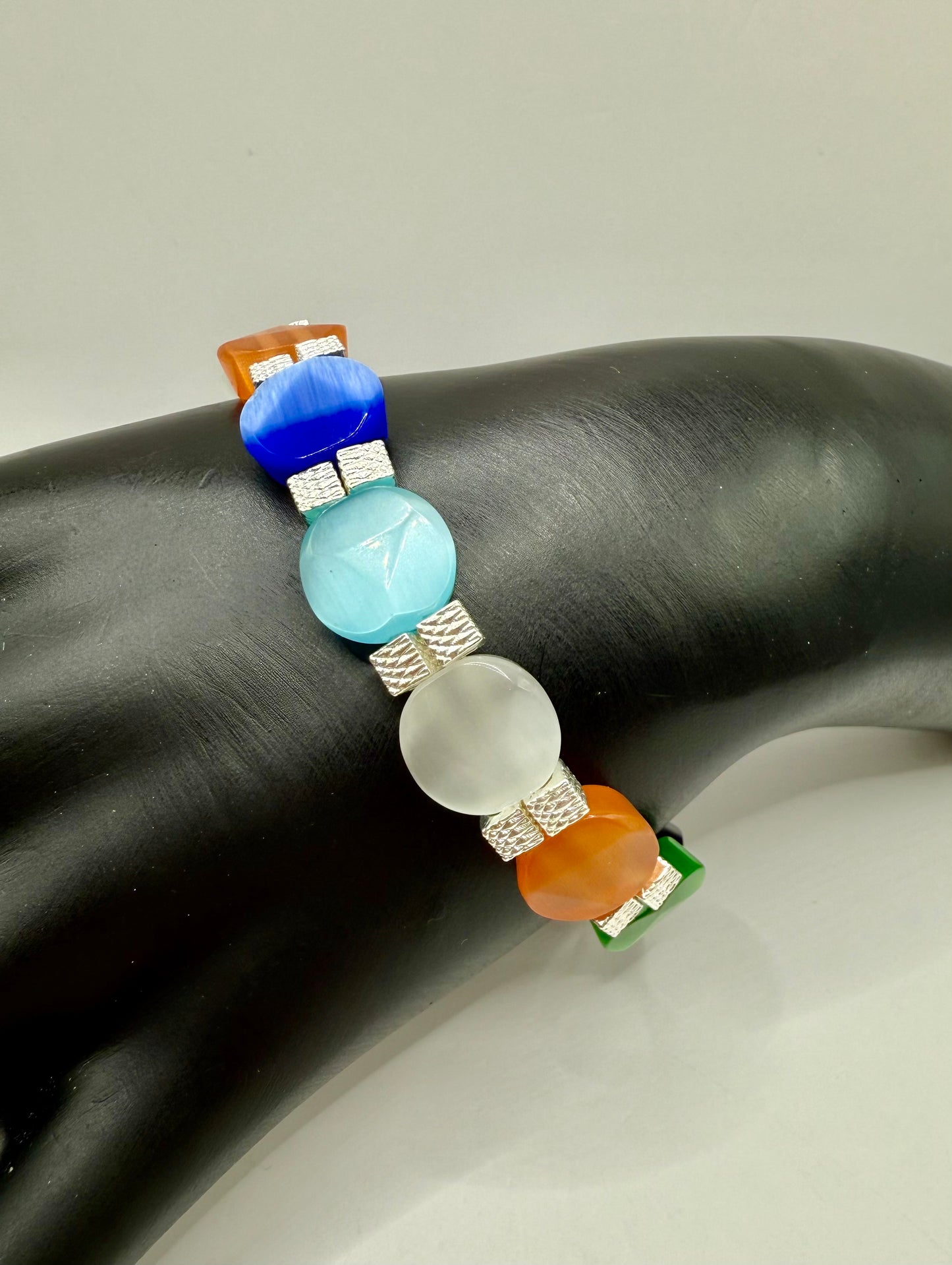 7” Multicolor Cat Eye Stretch Bracelet – Handmade, Adjustable to 7.5”, Colorful Beaded Jewelry