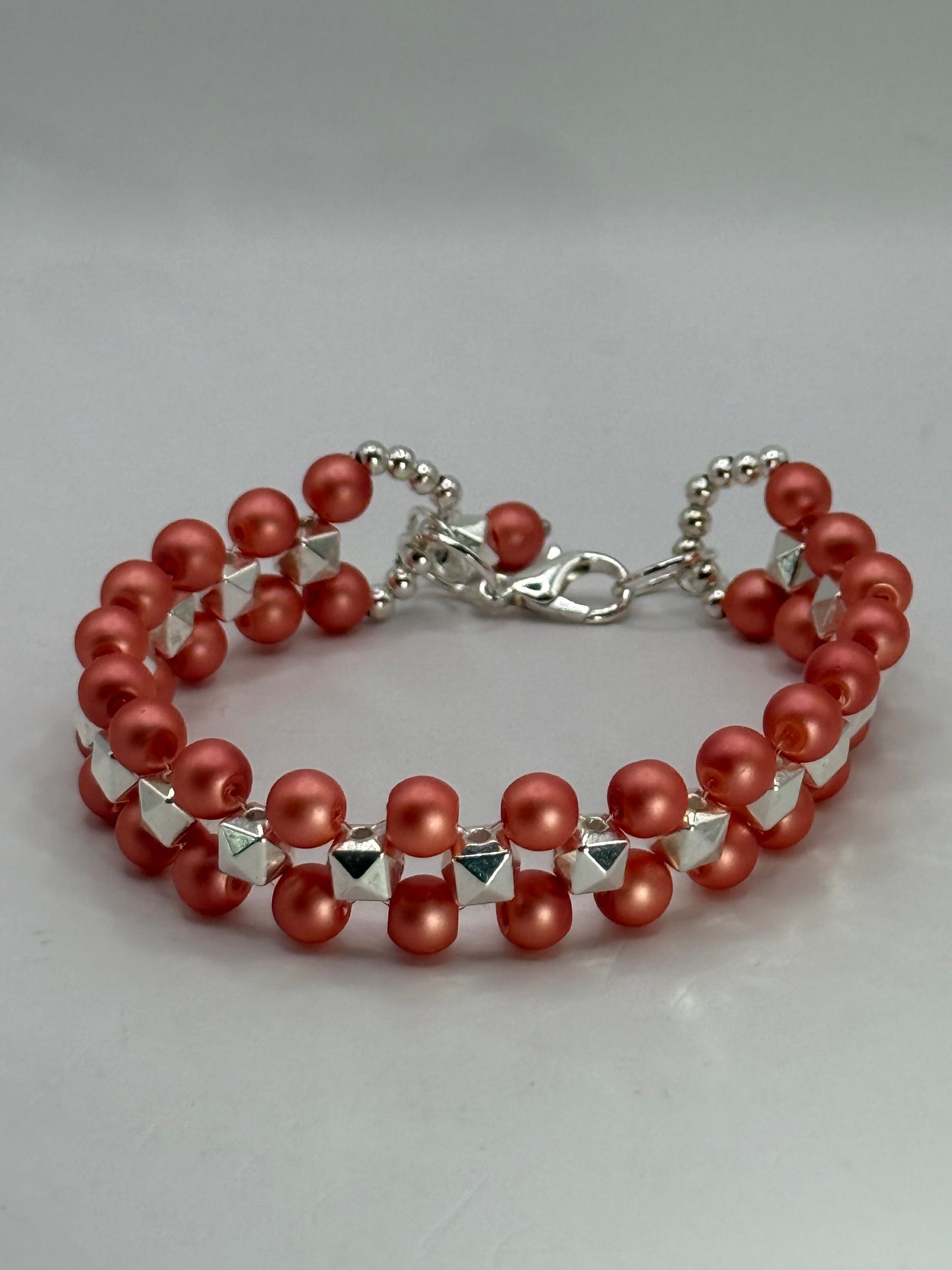 Salmon Pearl and Silver Pyramid Bead Bracelet | 7.5”-7.75” Double Strand Clasp Bracelet | Handmade Jewelry Gift for Her