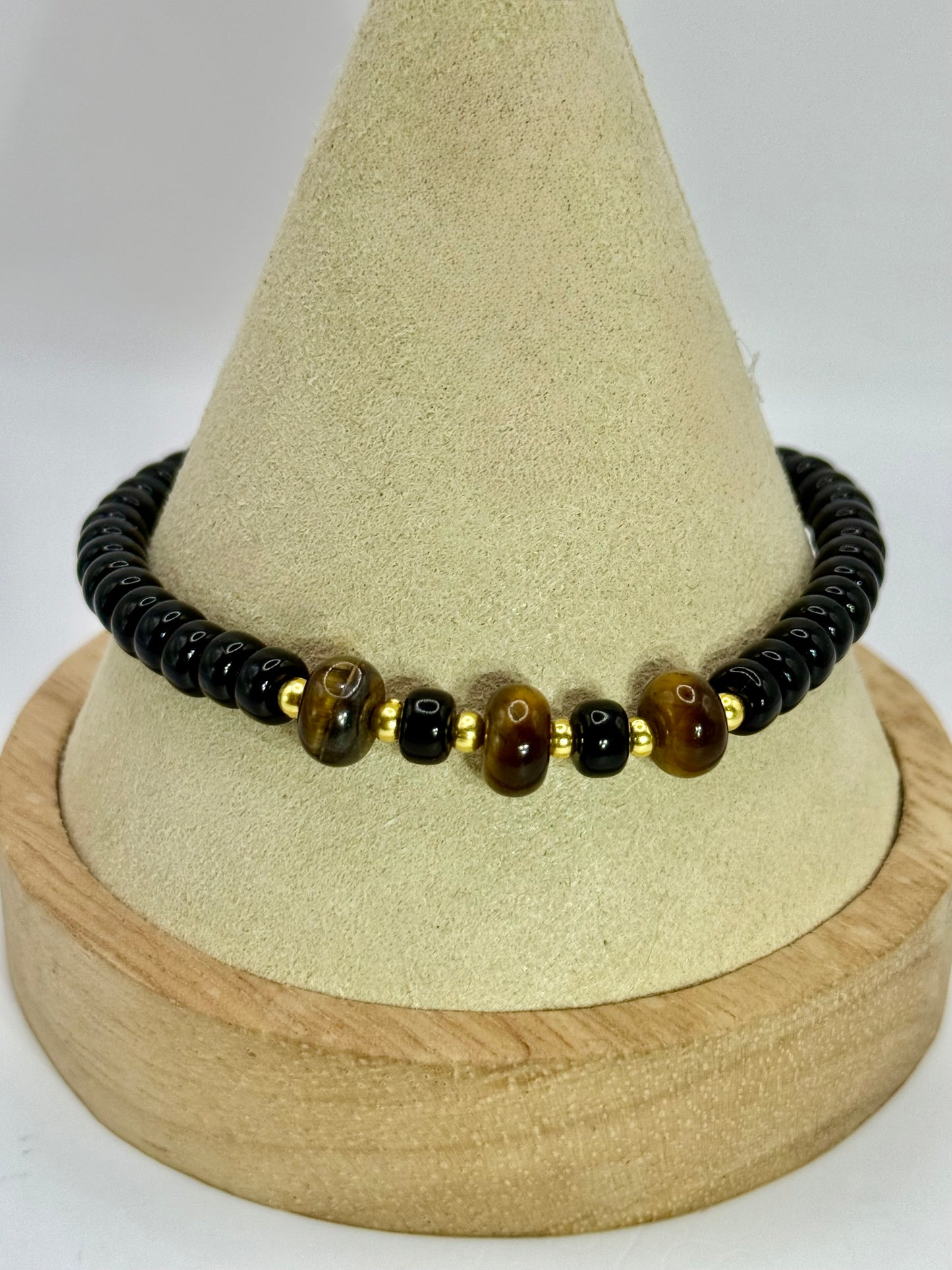 Unisex Tiger Eye & Onyx Stretch Bracelet | 7” Handmade Beaded Jewelry | Protection & Strength Gift