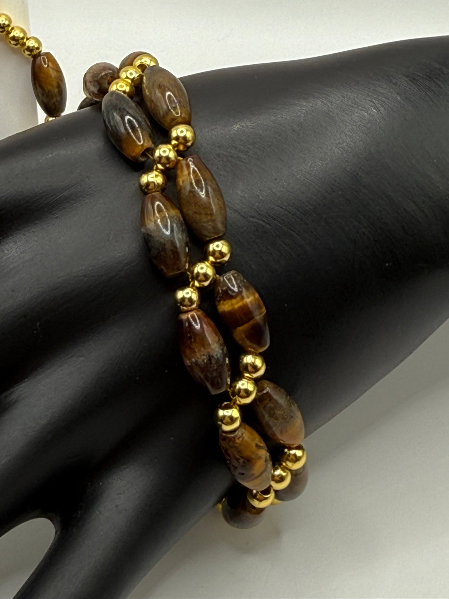 Tiger’s Eye Bracelet with Gold Accents – 7.75” Clasp – Free Resizing – Includes Complimentary Matching Earrings