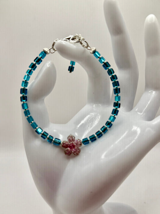Teal Glass Beaded Bracelet with Pink Crystal Flower Focal – 7.5” Clasp Bracelet – Dainty Handmade Jewelry – Gift for Her