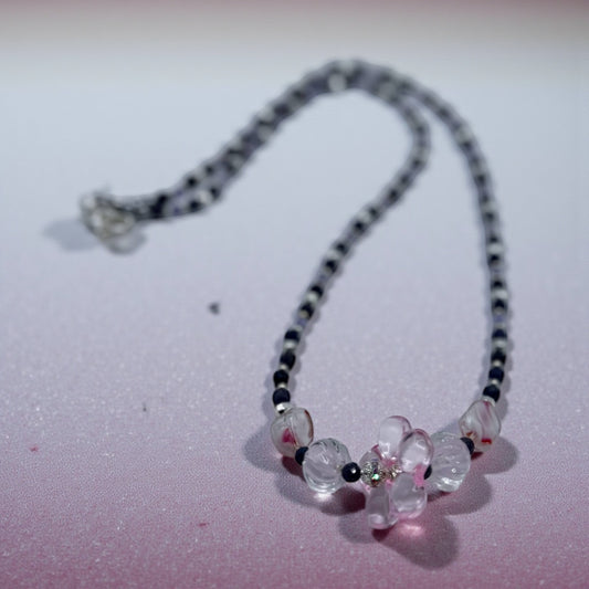 Pink Glass Flower Statement Necklace – 26” Handmade Beaded Design | Elegant, Feminine & One-of-a-Kind