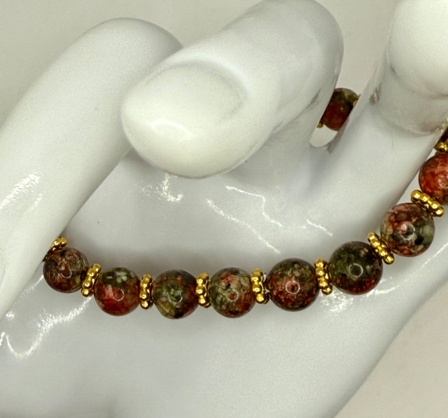 7.5” Unakite Gemstone Bracelet with Unique Snap Clasp | Handmade Boho Jewelry | Green & Pink Earthy Tones