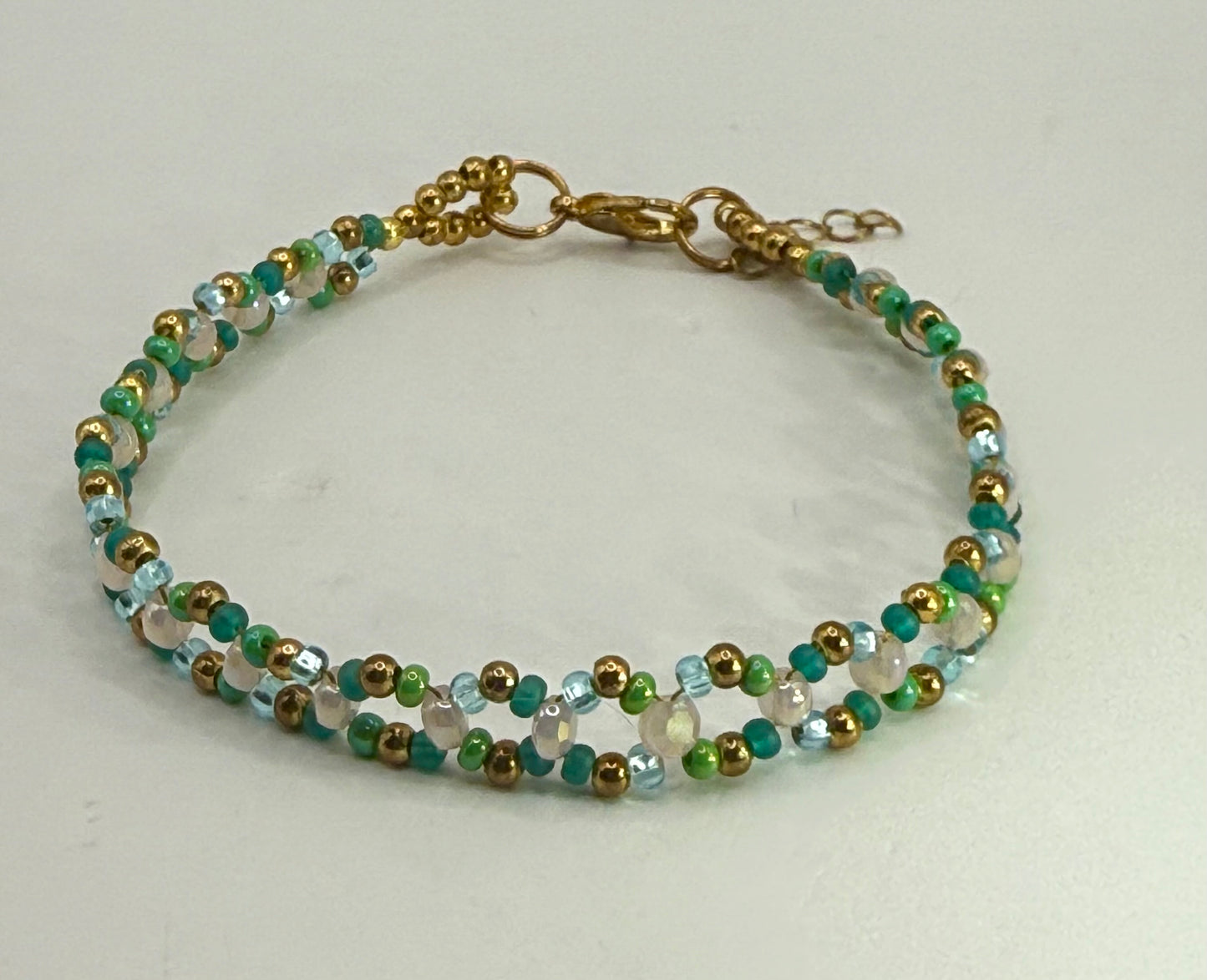 Green & Gold Beaded Bracelet 7.75” | Crystal Glass Clasp Bracelet | Aqua & Emerald Two-Strand Bracelet | Handmade Jewelry Gift for Her
