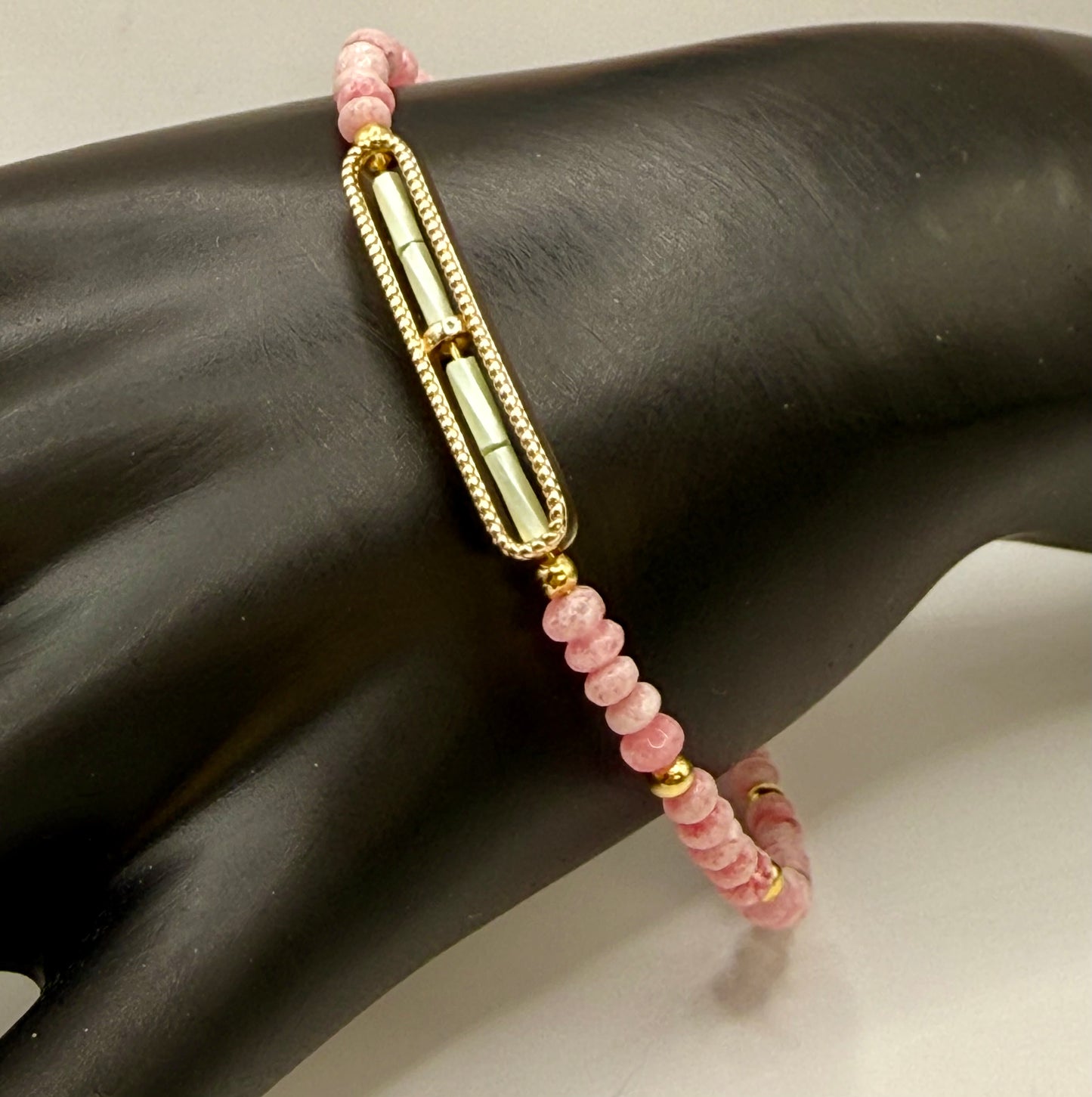Pink Freckled Jade Donut Bead Bracelet, 7.75–8 Inch Beaded Bracelet, Handmade Jade Jewelry