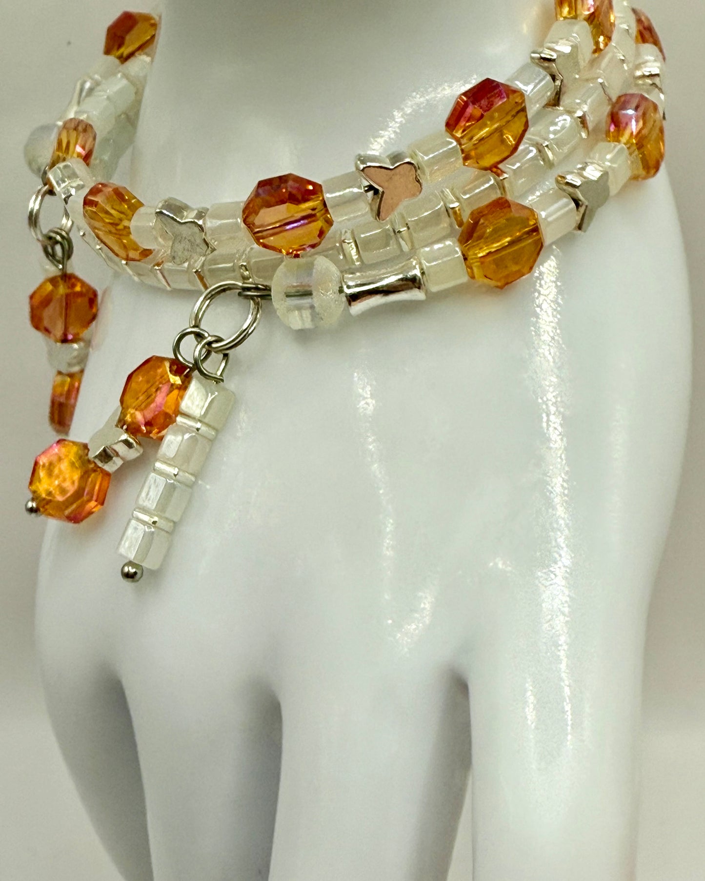 Amber & Ivory Beaded Wrap Bracelet | Butterfly Accent | Handmade Coil Bracelet | Adjustable One-Size Fits Most | Fall Jewelry Gift