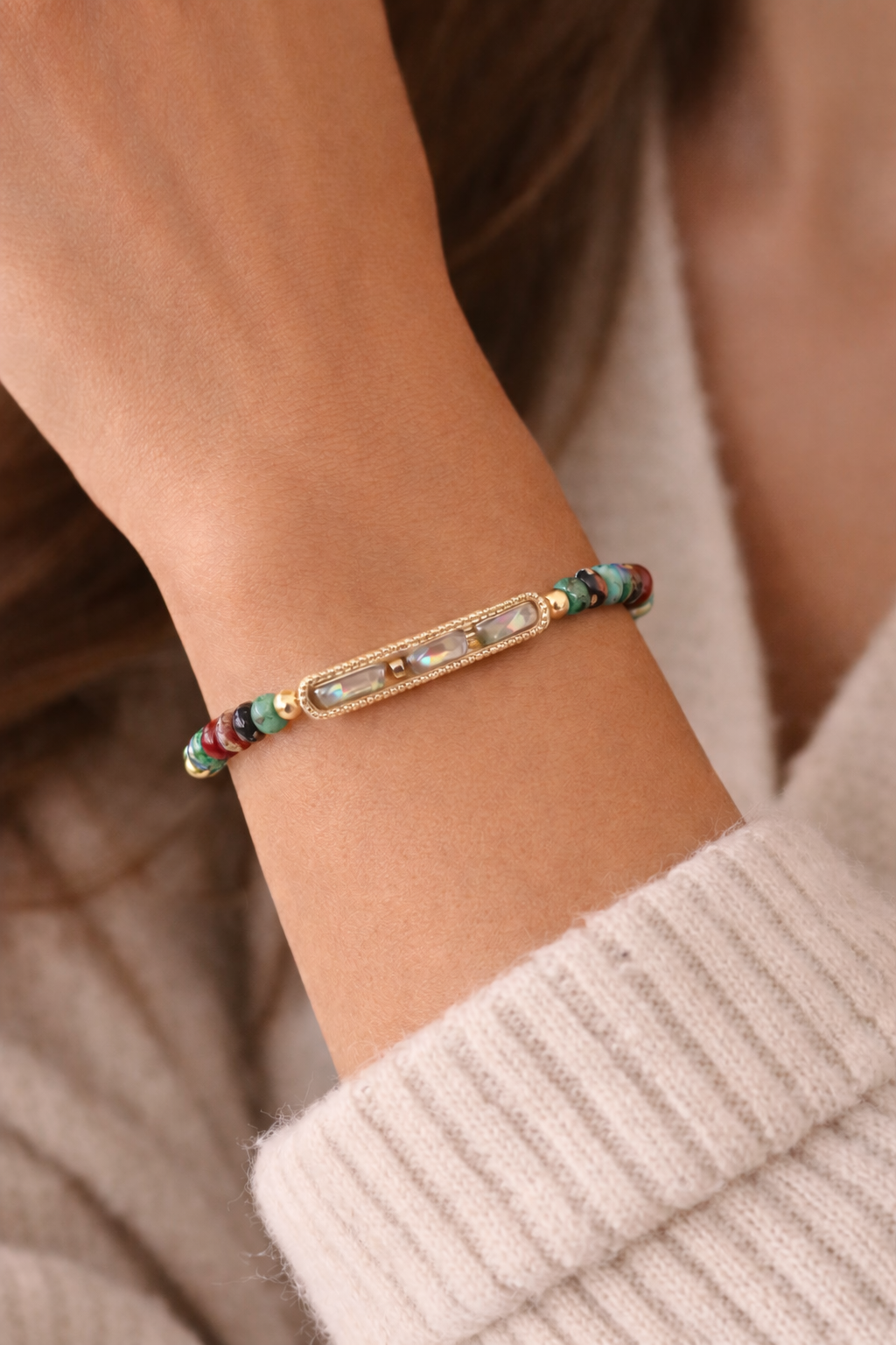 Picasso Glass Donut Bead Bracelet 7.5–8 Inch, Gold Bar Bracelet with AB Faceted Glass, Boho Adjustable Bracelet