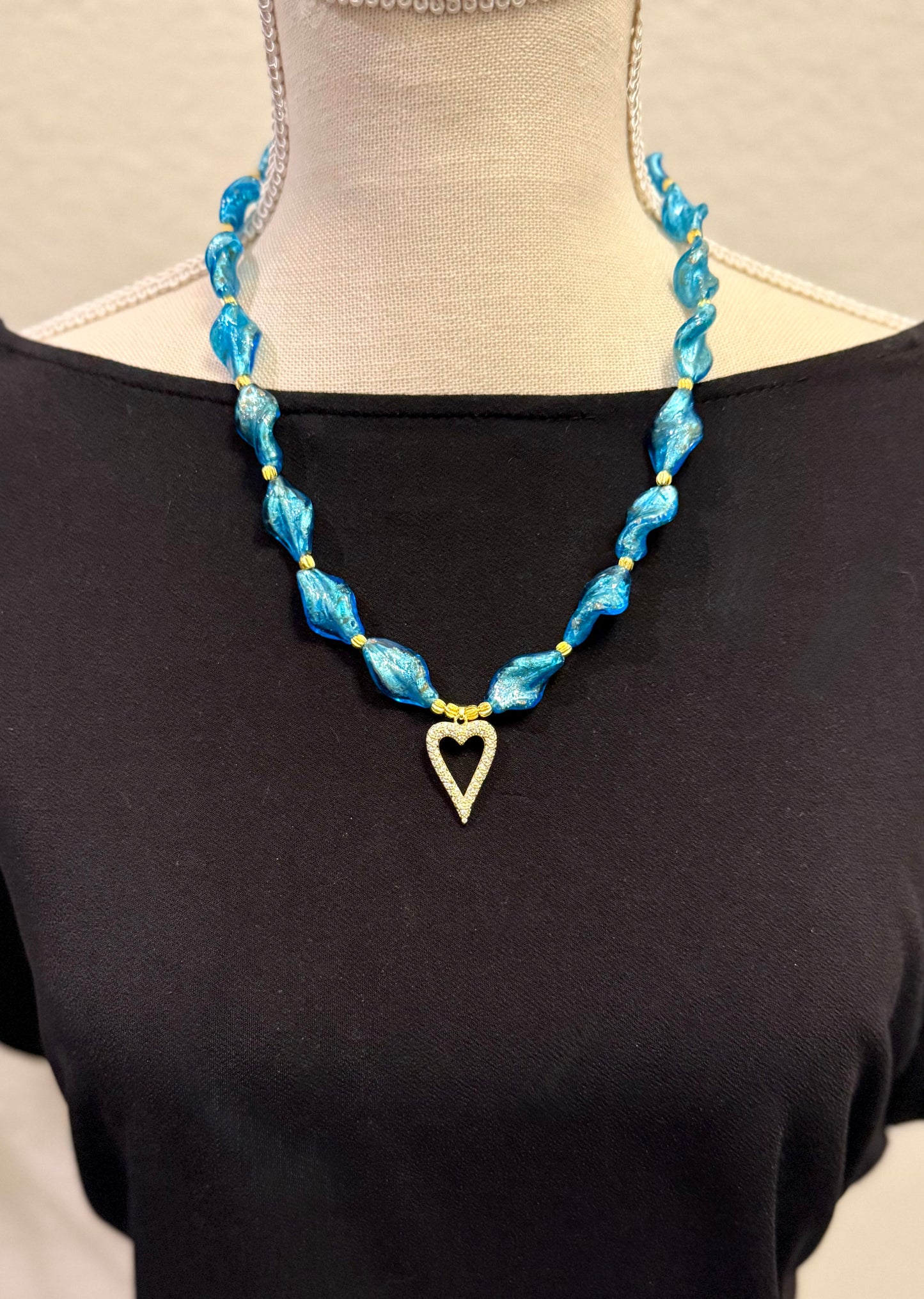 Blue Glass Beaded Necklace and Bracelet Set | 20 Inch Handmade Necklace | Elastic Bracelet | Gold Heart Charm Jewelry | Gift for Her