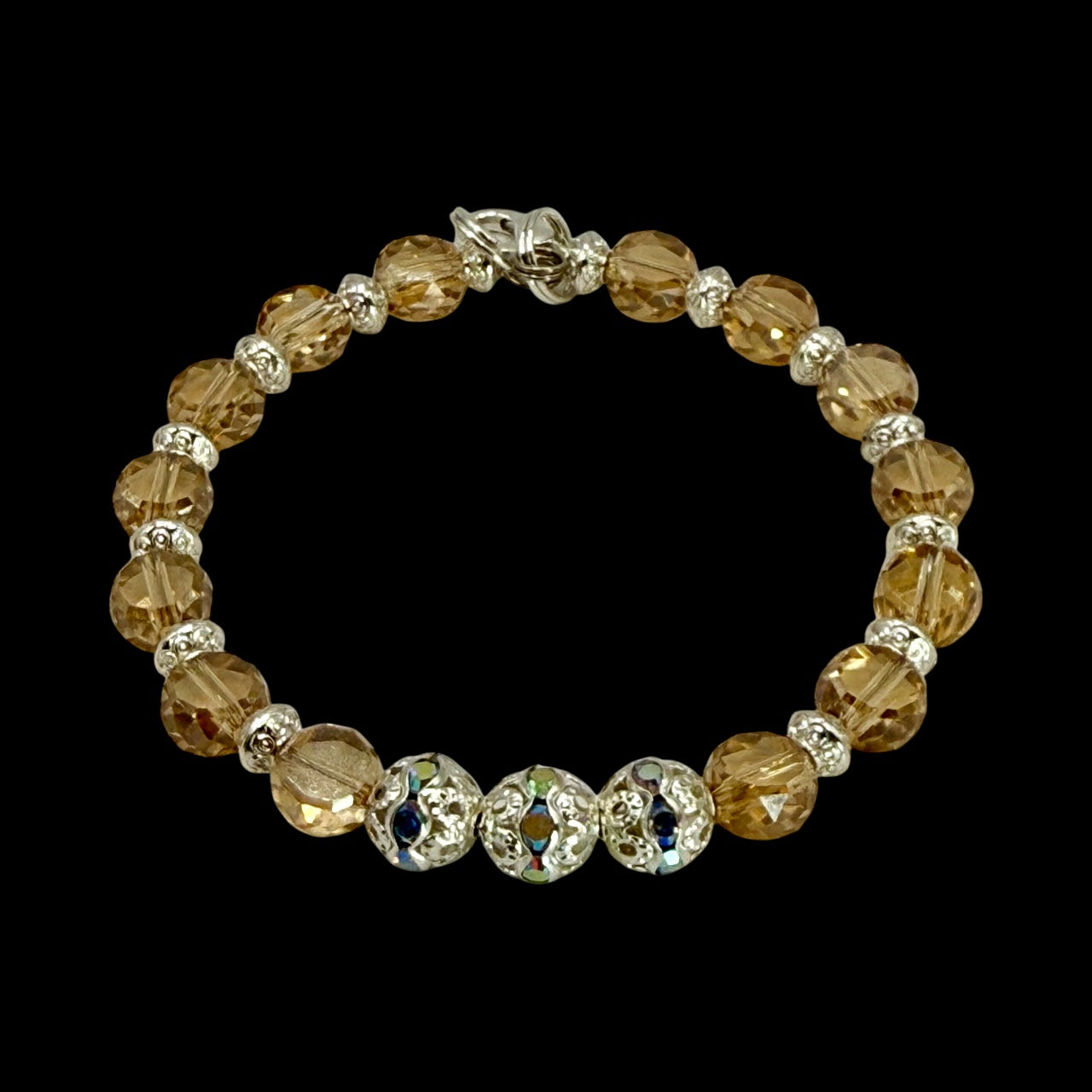 Champagne Glass Bead Bracelet with Silver Accents | 7.5” Clasp | Elegant Handmade Jewelry Gift