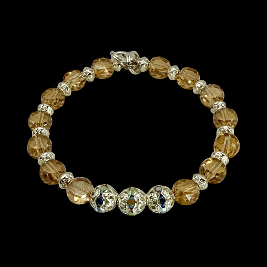 Champagne Glass Bead Bracelet with Silver Accents | 7.5” Clasp | Elegant Handmade Jewelry Gift